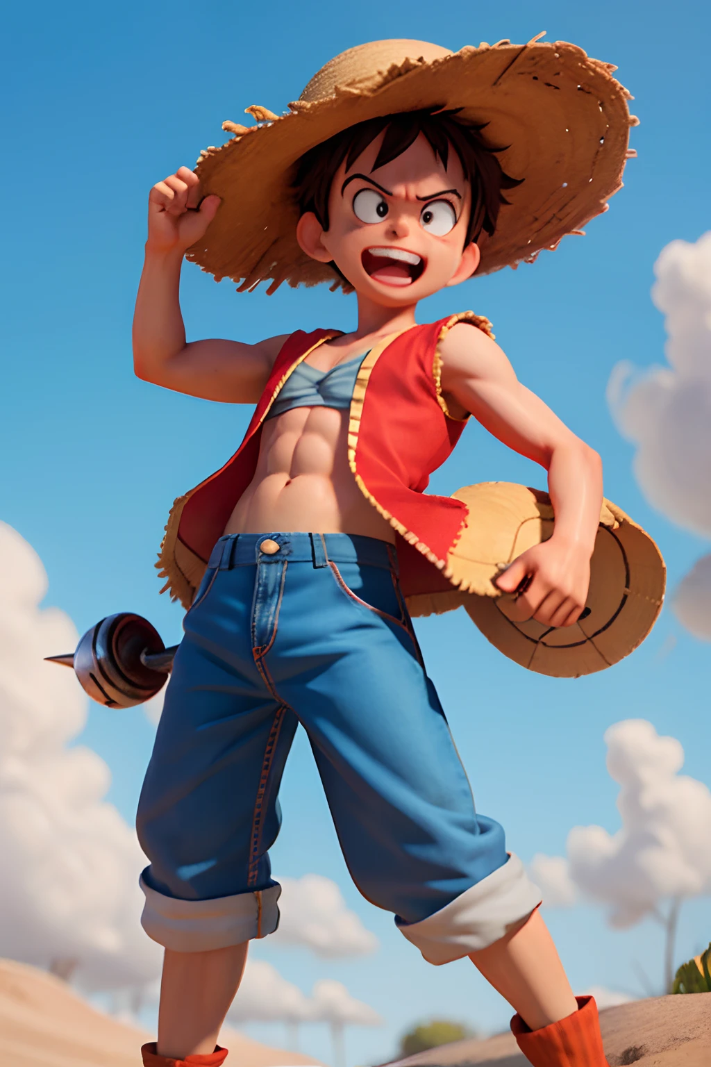 Luffy has black shaggy hair, round black eyes, and a slim muscular build. He is renowned for his trademark straw hat, which was lent to him when he was young by the legendary pirate captain, "Red-Haired" Shanks,[35] who in turn received it from Gol D. Roger.[43] luffy He wears blue shorts with cuffs, sandals, and a sleeveless red vest. Luffy also has a scar with two stitches underneath his left eye, which he earned as ******* by stabbing his face to show Shanks that he was tough enough to be a pirate.[44] He was severely wounded by Akainu in the Summit War of Marineford,[45] leaving a large X-shaped scar on his chest.[46]