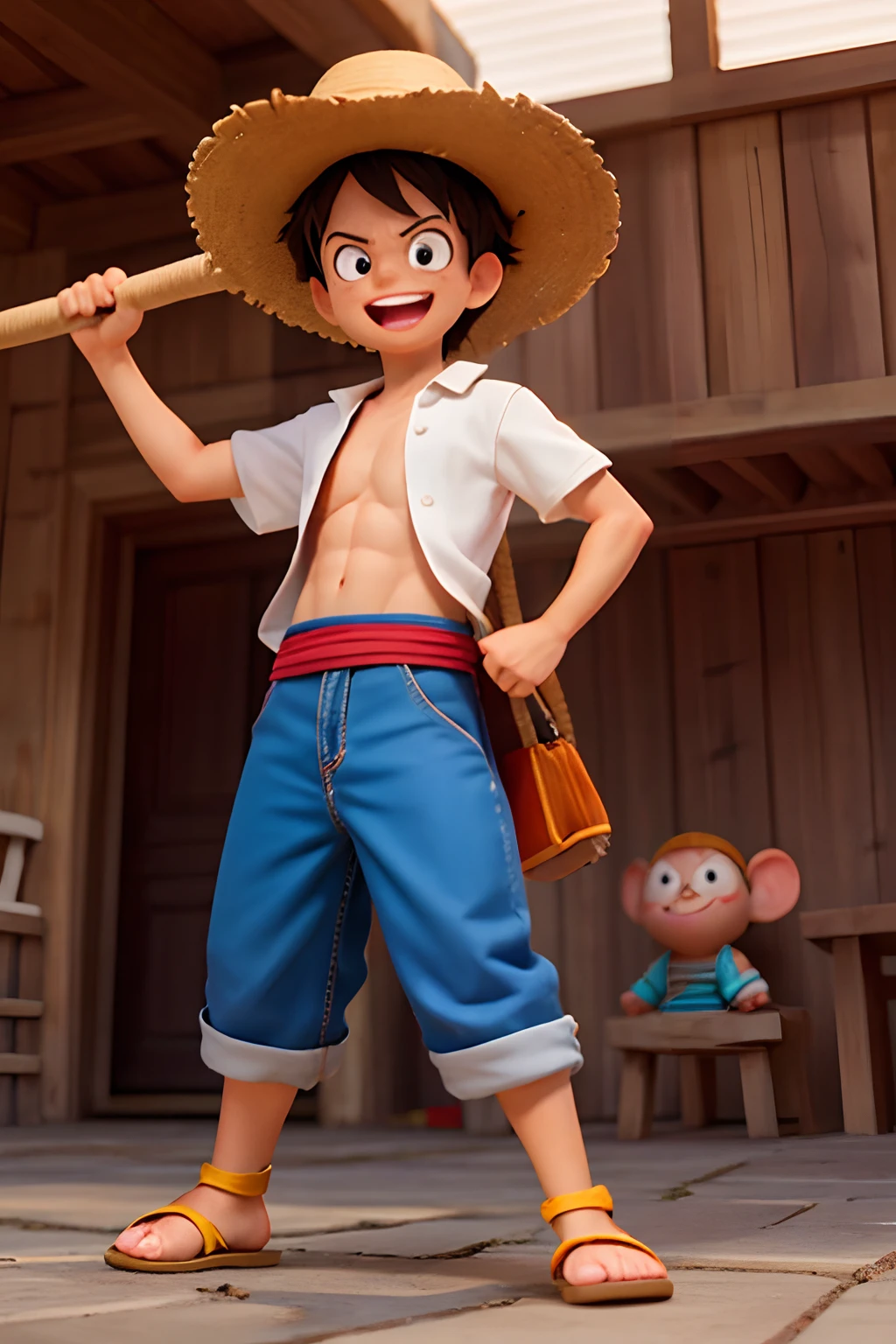 Luffy has black shaggy hair, round black eyes, and a slim muscular build. He is renowned for his trademark straw hat, which was lent to him when he was young by the legendary pirate captain, "Red-Haired" Shanks,[35] who in turn received it from Gol D. Roger.[43] luffy He wears blue shorts with cuffs, sandals, and a sleeveless red vest. Luffy also has a scar with two stitches underneath his left eye, which he earned as  by stabbing his face to show Shanks that he was tough enough to be a pirate.[44] He was severely wounded by Akainu in the Summit War of Marineford,[45] leaving a large X-shaped scar on his chest.[46]