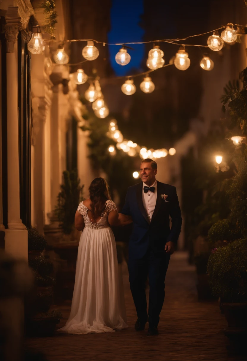 Um Homem elegante e bem vestido tirando uma foto em um evento social, illuminated by the light of a lamp, contra o pano de fundo do evento "fenopo"