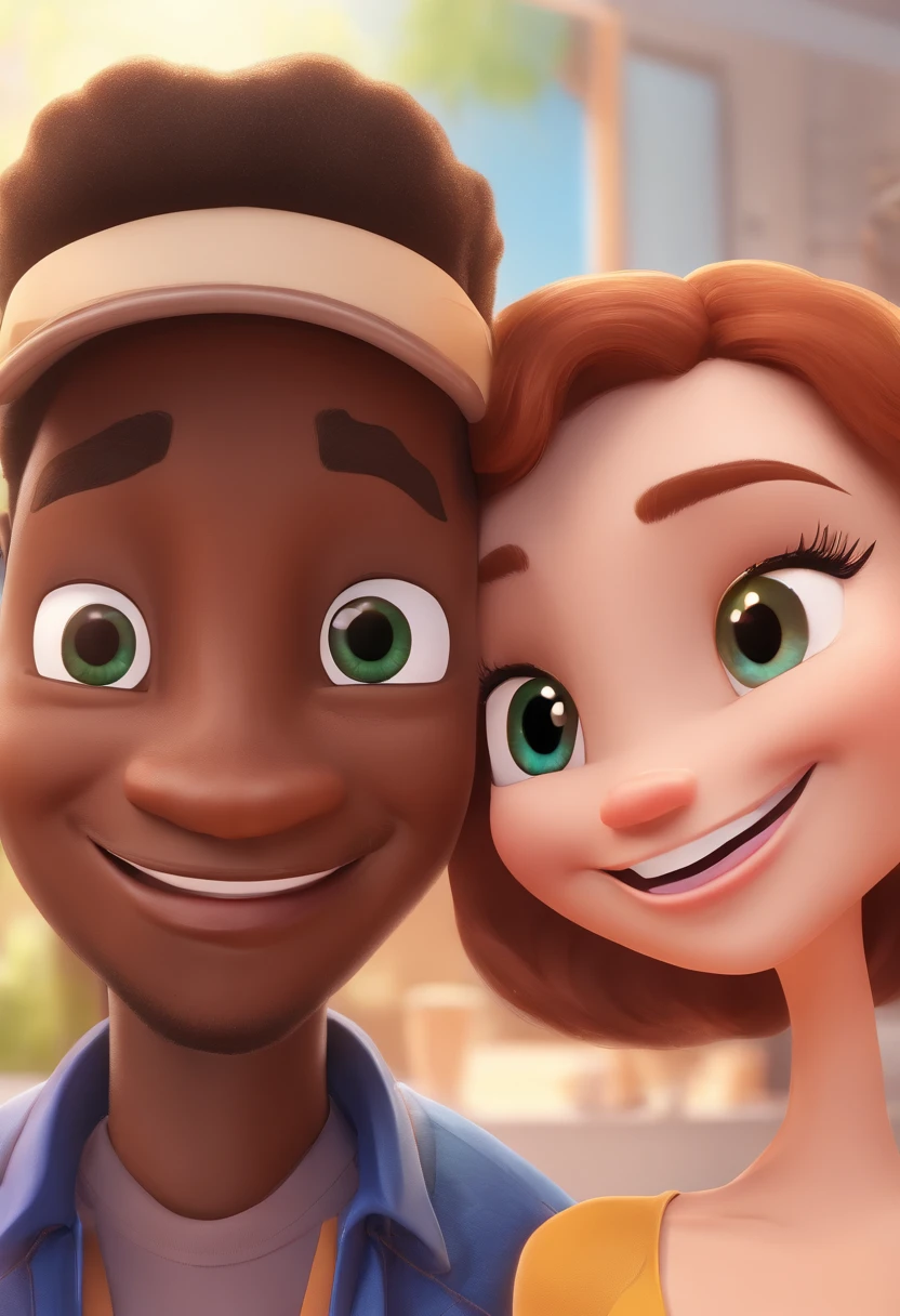 An illustration of an adorable couple, Destaque para um sorriso, Athletic black man and a white woman with expressive eyes hair - man's skin is black,  O homem  sem cabelo, while the woman's skin is white and the woman's hair is straight and black. They are a bright room, cada um com um sorriso no rosto, e compartilhar um momento especial caracterizado pelo amor, Insights. Illustrate this scene from a perspective where they are facing the camera, Smiling and Showing Your Connection. Desenvolva esta arte em Full HD, Focus on your cinematic touch, Estilo Disney Pixar Animations
