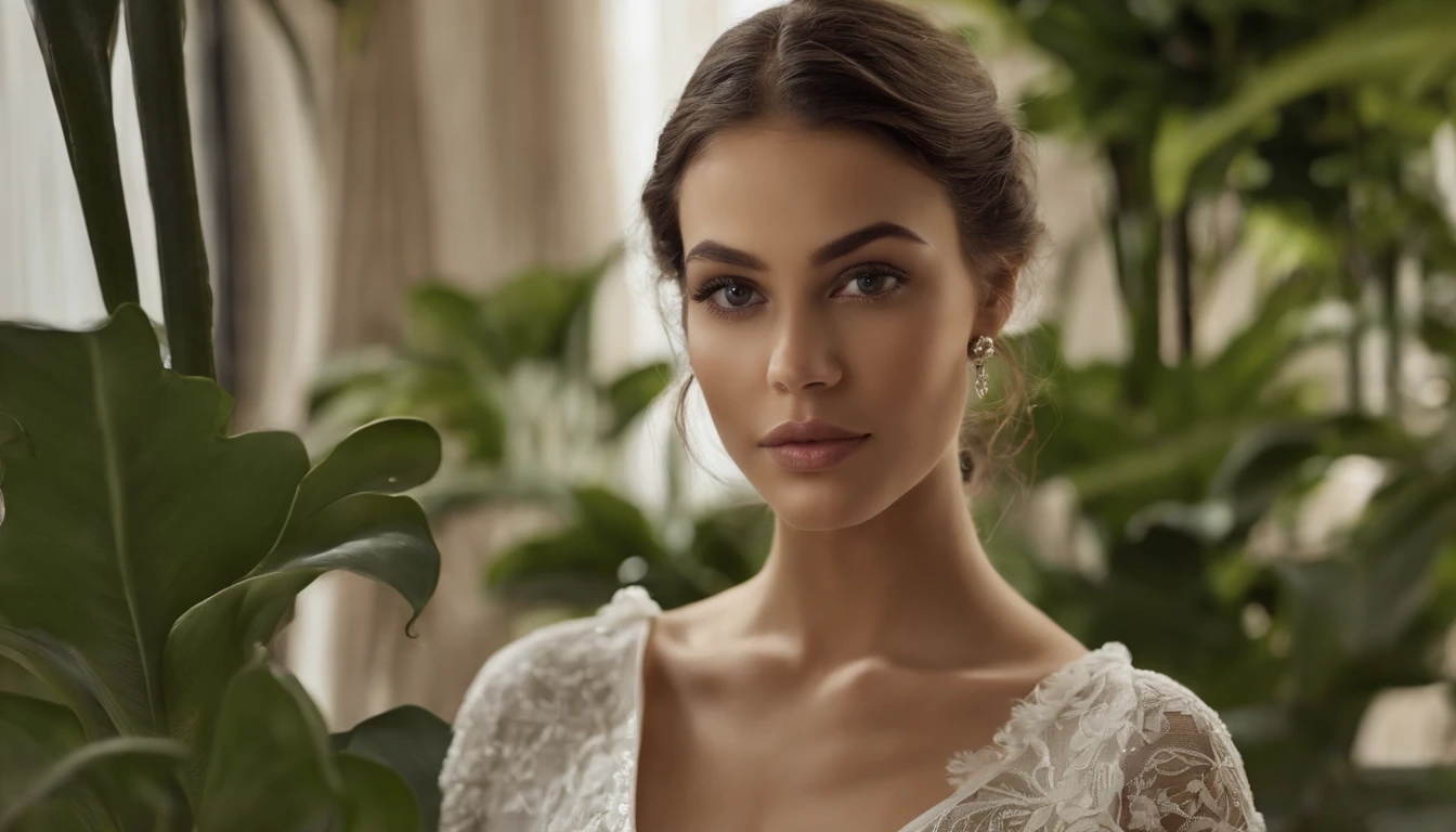 imagem apresenta um fundo clean e sofisticado, em tons neutros como branco, cinza e preto, conveying a sense of elegance. No centro, there's a full Alpha Woman , comportada com olhos castanhos, realismo ultrarrealista, detalhado meticuloso, Retrato Sophie Mudd, cabelos castanhos e olhos grandes, selfie de uma jovem mulher, Dubai Olho, Violeta Myers, Sem maquiagem, maquiagem natural, staring directly at camera, Rosto com ArtGram, maquiagem sutil, Medium to large bust, a camiseta tem um design moderno e minimalista, with subtle details that underline elegance, as an application of sparkles.