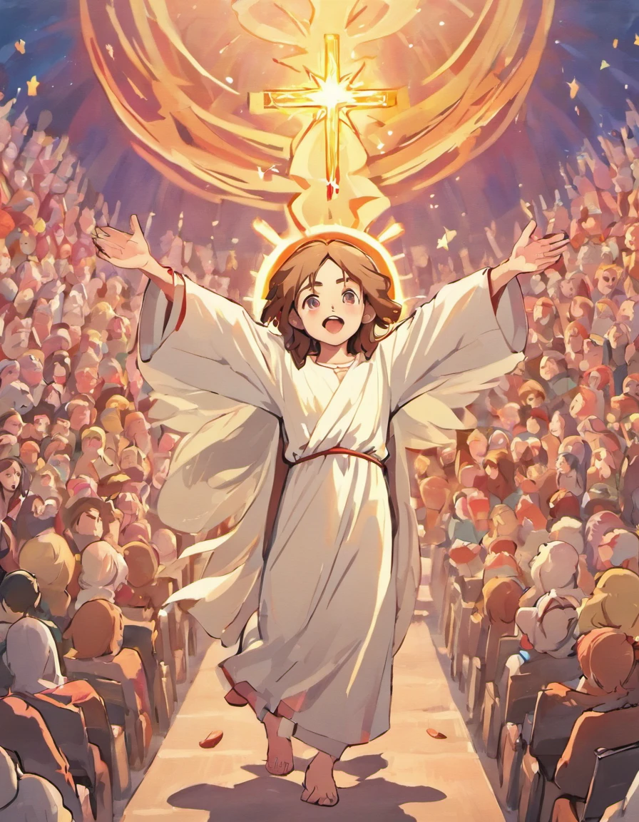 ((Jesus Christ and few happy children)), children's illustration, cartoon style, lots of details, bright colors, high definition, 8K, --ar 9:11 --v5
