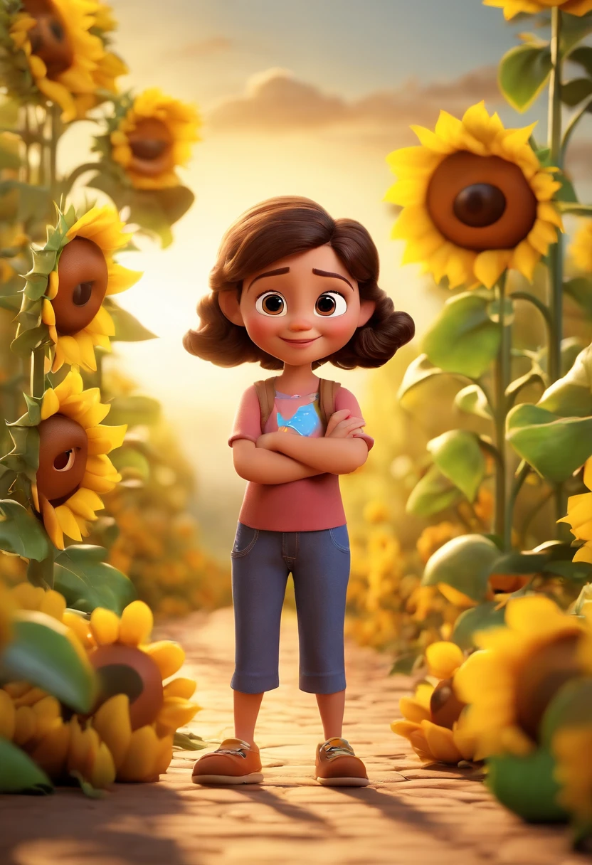 Create a Disney PIXAR-style 3D poster. ((centro da imagem, Triplets)), ((3 children)) ((1 menino no meio e 2 meninas ao lado, They're hugging each other, O menino tem pele castanha e cabelos castanhos escuros e olhos castanhos escuros, 1 menina tem pele clara, olhos e cabelos escuros e cacheados, e a outra menina tem pele morena, olhos escuros e cabelos escuros e lisos)) ((tudo isso no estilo Disney PIXAR 3D, In the background, A house of sunflowers, Gloria Studio, The garden is full of nature 3D render RTX clay material, estilo de design cartunesco, POP Mart, soft lighting, linhas suaves, Spring tilt, Detailed illustrations of PIXAR 3D, Detalhes hiper-realistas, cor quente no estilo Disney PIXAR 3D))