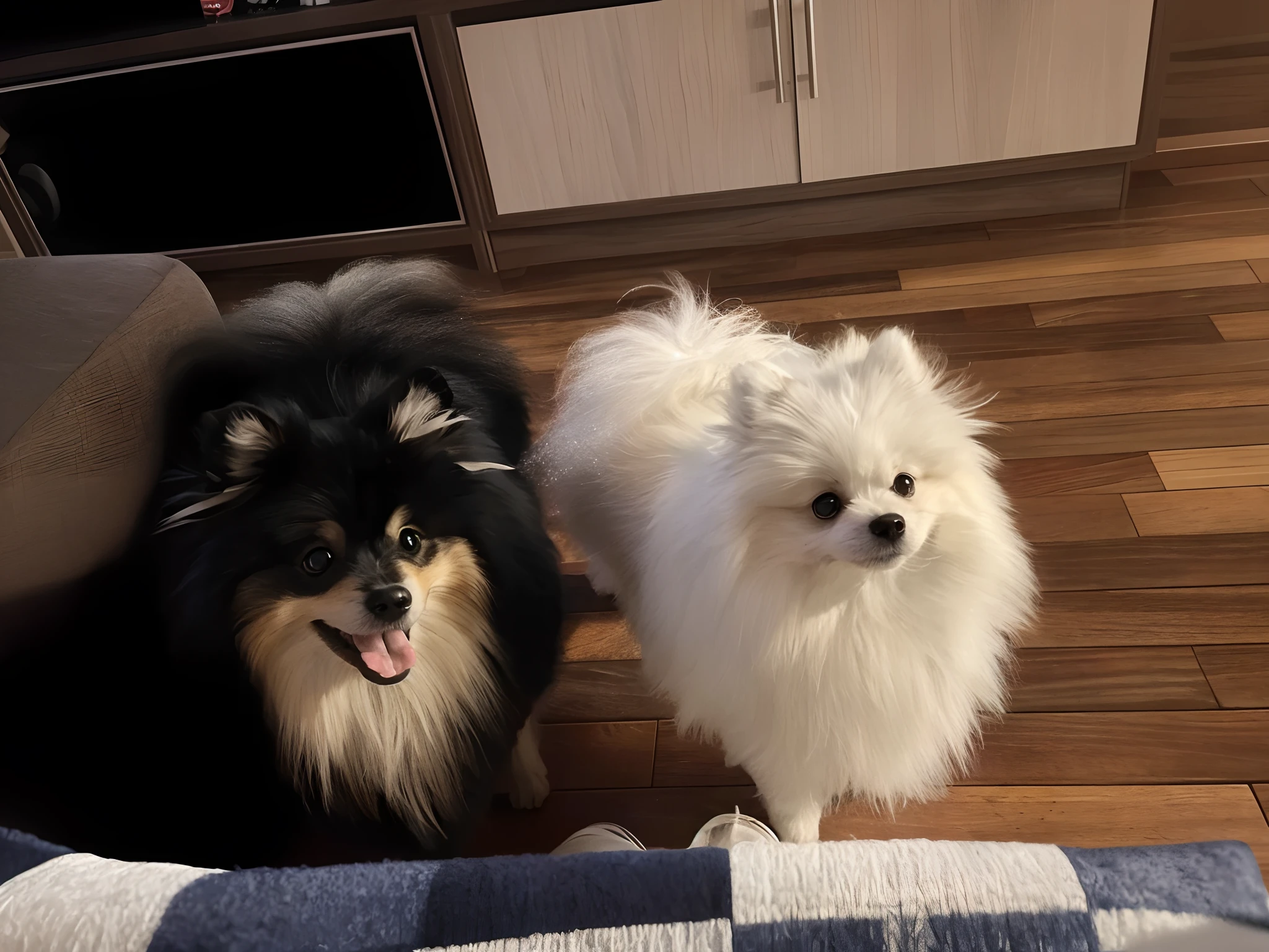Integrated white and other black Pomeranian, grande sorriso, Location in the room as pictured. Desenho pixar