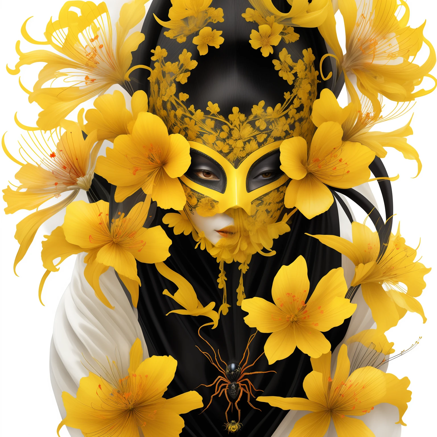 magazine page , venetian yellow spider queen , luminophore woman wearing spider mask , woman in kimono , white ceramic venetian mask , watercolour sketches , satanic yellow lycoris , spider lily , hurricane yellow flower , neon yellow and black, best quality, high quality, good