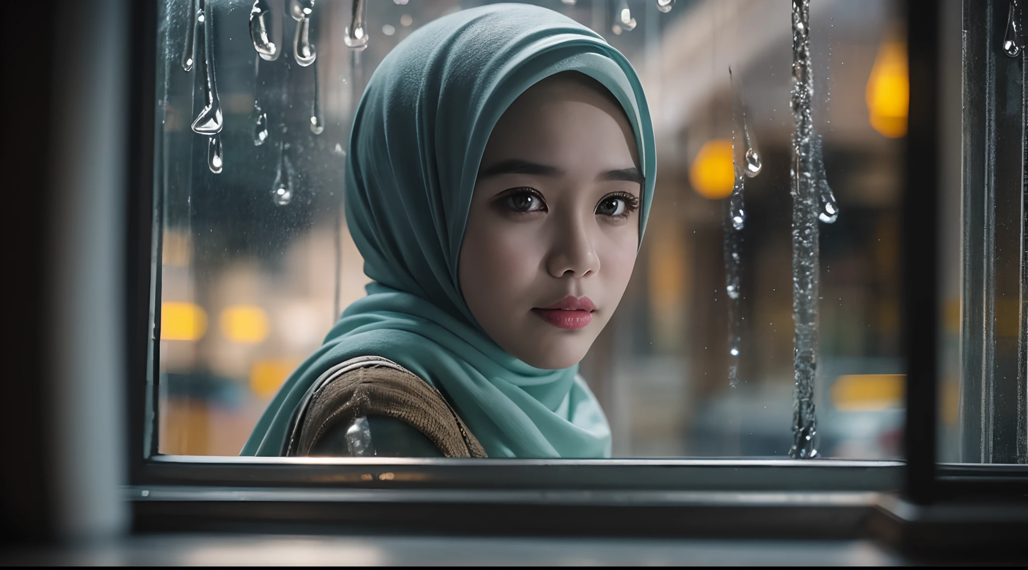 Craft a cinematic film still of a Malay girl in hijab sitting by a cozy cafe window, gazing outside at the rainy city streets. Use soft, diffused lighting to enhance the mood of reflection and contemplation, style raw, pastel color grading, Super 8mm lense, Extreme close-up, Deep Focus cinematography effect,high quality,
