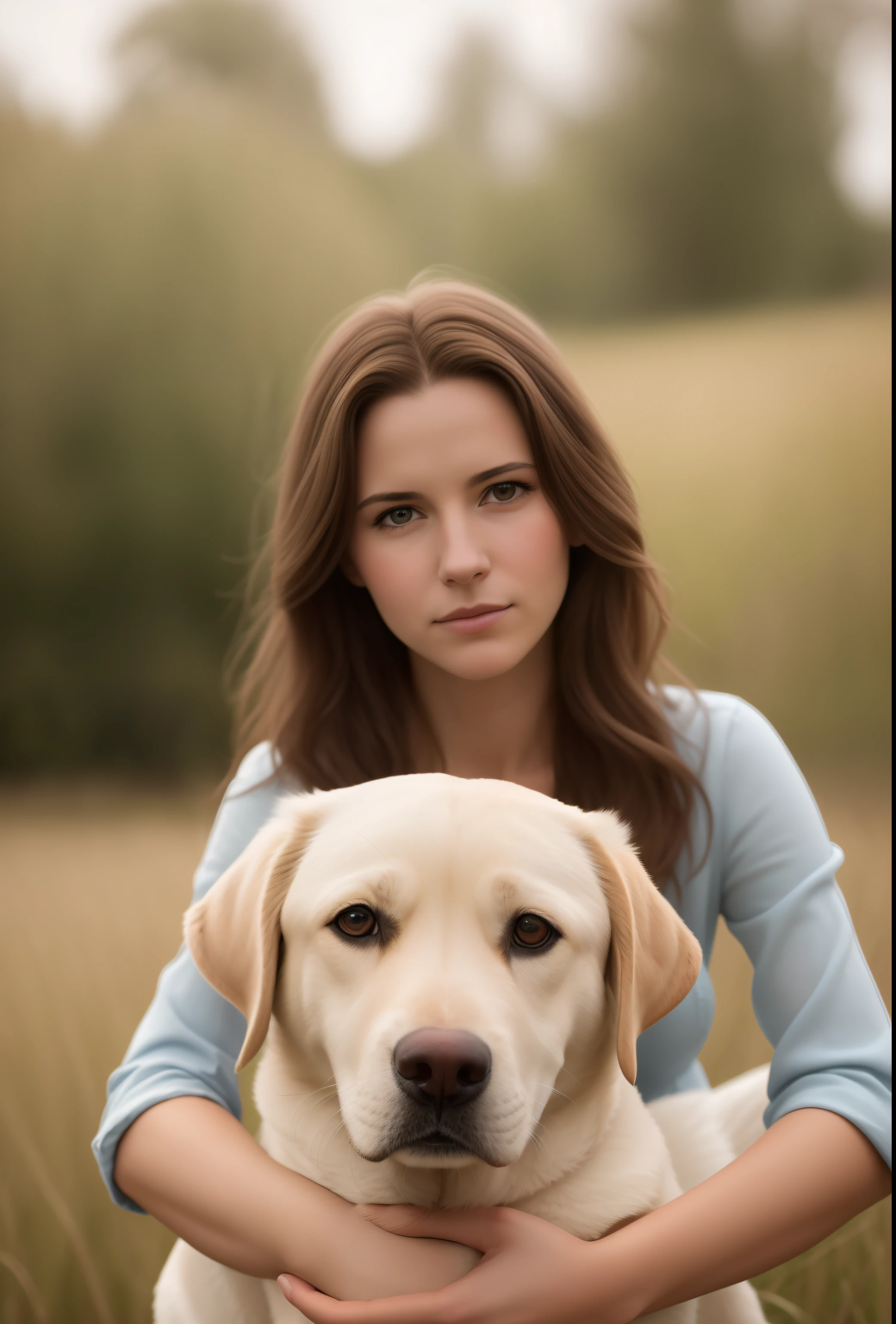 Arafed woman holding a labrador dog in a field of tall grass, retrato de alta qualidade, Directed by: Emma Andijewska, foto retrato suave 8 k, foto de retrato, color photograph portrait 4k, close up foto de retrato, close - foto retrato acima, retrato perfeitamente centrado, fechar retrato, beautiful portrait, foto retrato bonito, Directed by: Julian Hatton, retrato, Close portrait