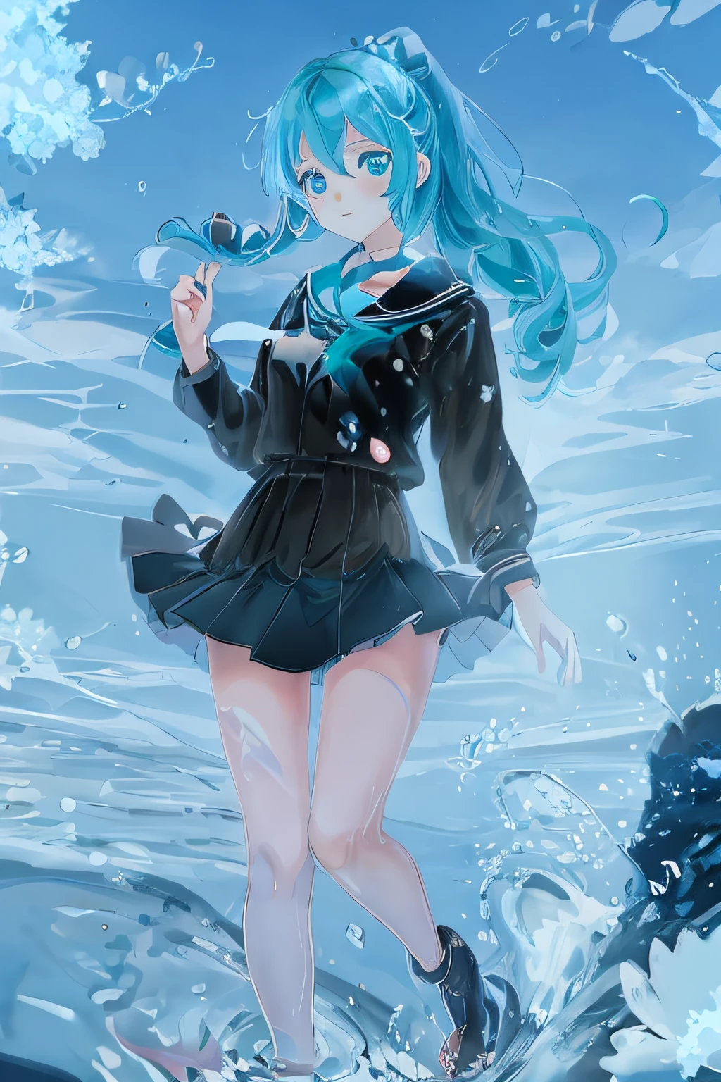 Anime girl in short skirt and black jacket walks in water, Anime girl with teal hair, anime girl walking on water, Wallpaper Anime Blue Water, Mikudayo, anime moe art style, splash art anime loli, beautiful anime art style, anime style 4 k, at sea, In the sea, anime style illustration, digital art on pixiv