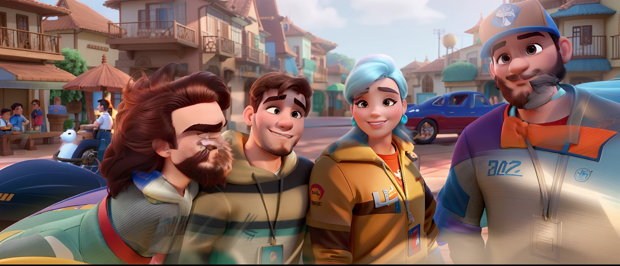 Casal (homem moreno e mulher branca) no estilo Disney Pixar, alta qualidade, melhor qualidade.