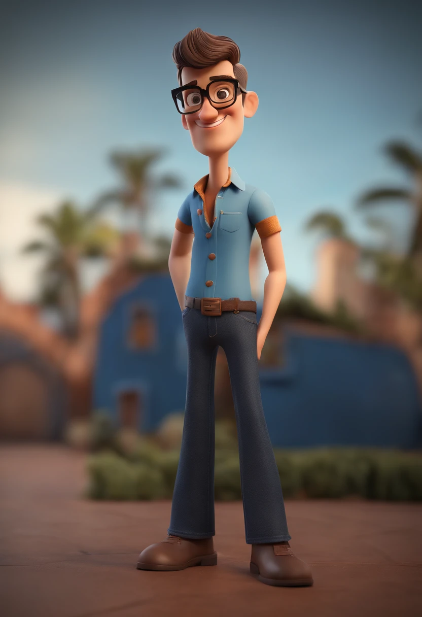 Cartoon character of a man with black glasses, cabelo cacheado marrom escuro e uma camisa azul, animation character, Caractere estilizado, animation style rendering, 3D estilizado, Arnold Maya render, 3 d render stylized, toon render keyshot, Personagem 3D, Personagem 3D, 3d rendering stylized, 3 d character render, personagem de desenho animado, Personagem de close up, Pose de personagem,  (Estilo Pixar) (master part:1.2) (Bokeh) (best quality) (pele detalhada) (textura detalhada) (8k) (argila) (Cinematic lighting) (foco nítido