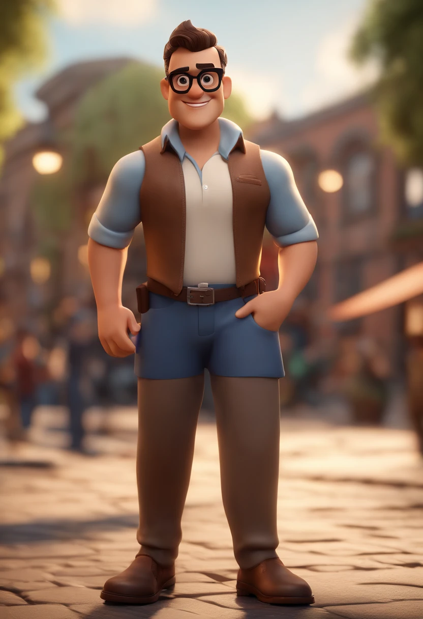 Cartoon character of a man with black glasses, cabelo cacheado marrom escuro e uma camisa azul, animation character, Caractere estilizado, animation style rendering, 3D estilizado, Arnold Maya render, 3 d render stylized, toon render keyshot, Personagem 3D, Personagem 3D, 3d rendering stylized, 3 d character render, personagem de desenho animado, Personagem de close up, Pose de personagem, (Estilo Pixar) (master part:1.2) (Bokeh) (best quality) (pele detalhada) (textura detalhada) (8k) (argila) (Cinematic lighting) (foco nítido