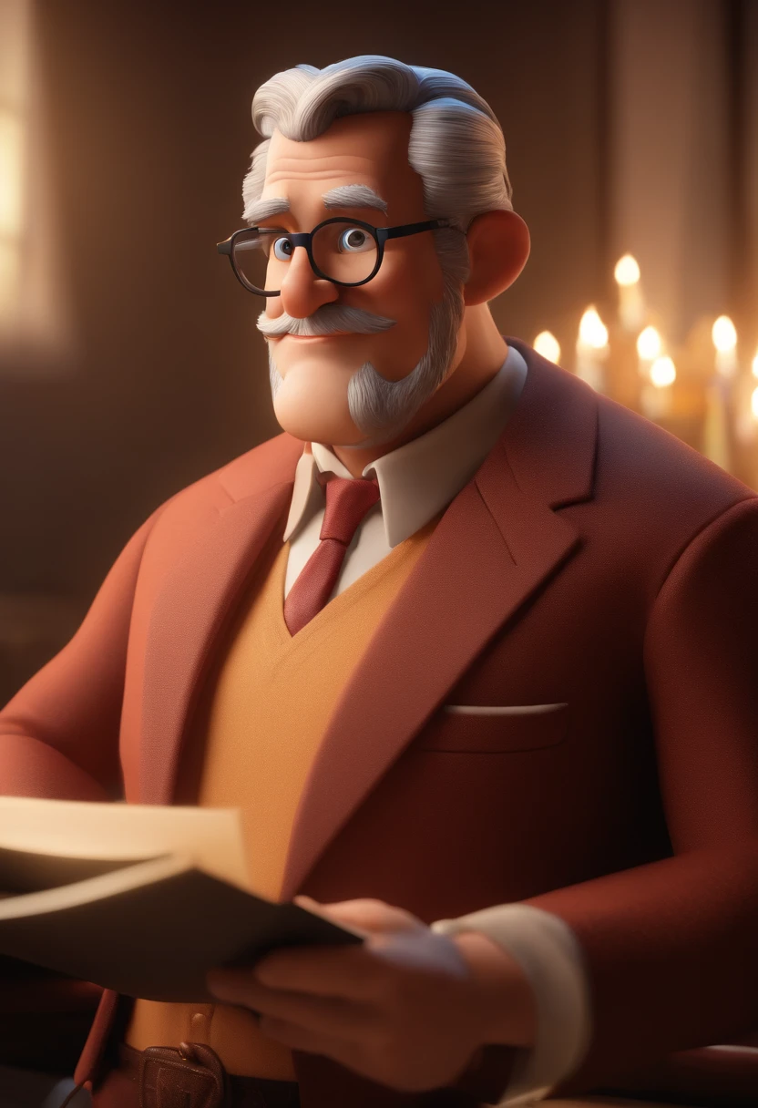 Criar uma imagem de um homem de 46 anos professor, sorrindo, usando oculos retangular, sendo musculoso. Na imagem o homem deve estar segurando livros. o estilo da imagem deve ser ser pixar- disney 3 d. Caractere estilizado, animation style rendering, 3D estilizado, Arnold Maya render, 3 d render stylized, toon render keyshot, Personagem 3D, Personagem 3D, 3d rendering stylized, 3 d character render, personagem de desenho animado, Personagem de close up, Pose de personagem,  (Estilo Pixar) (master part:1.2) (Bokeh) (best quality) (pele detalhada) (textura detalhada) (8k) (argila) (Cinematic lighting) (foco nítido