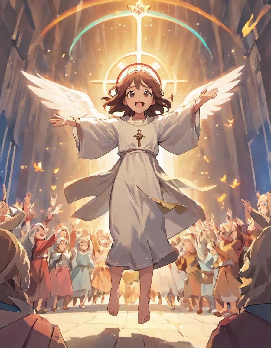 ((Jesus Christ and some happy children)), beautiful lighting in the background, birds flying, children's illustration, cartoon style, lots of details, bright colors, high definition, 8K, --ar 9:11 --v5