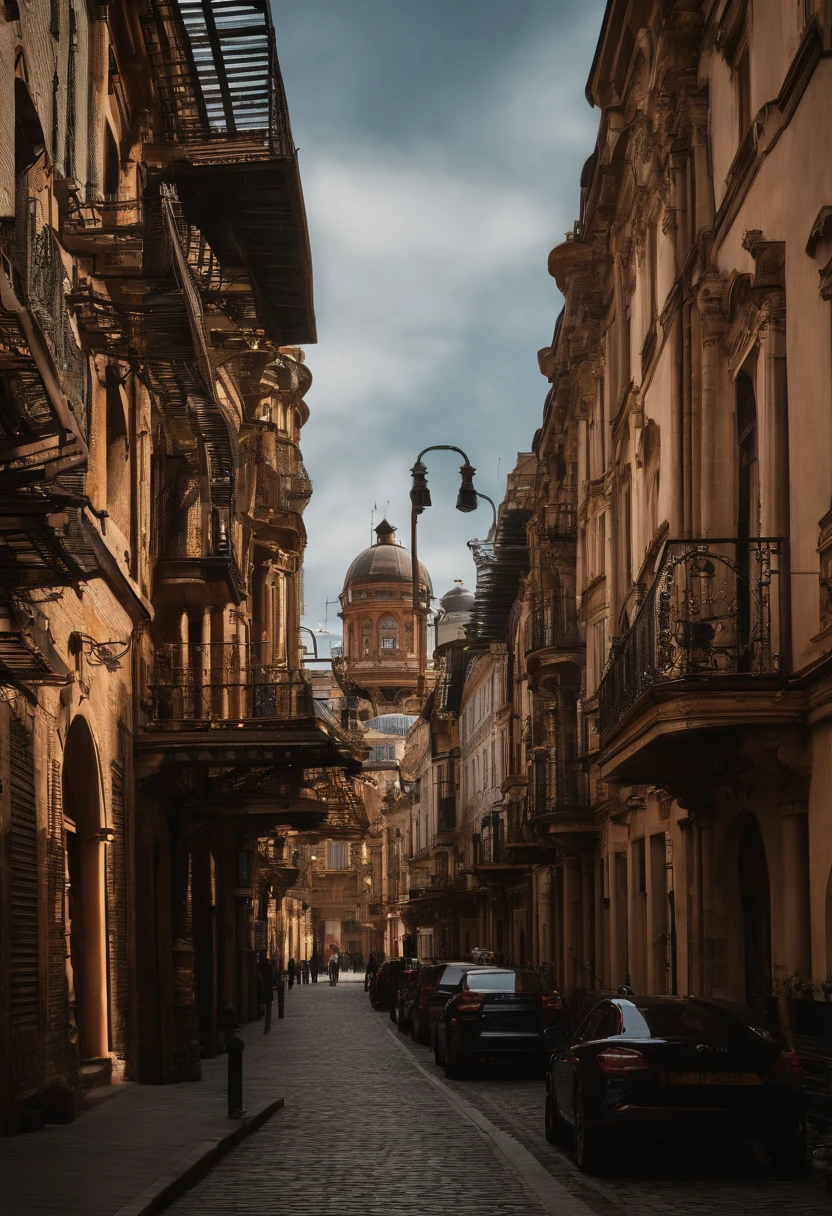 (((Steampunk))),cidade,(((Crowded buildings))),Engrenagens e tubos expostos,(((luz fraca))),solo submerso,((Engrenagens)),((tubos grossos)),Ponte coberta,The perspective is bottom-up, reflecting the height of the building,tempo escuro,smoking chimneys,(((mechanical devices))),((fios escalonados)),Cidade lotada,irregular buildings