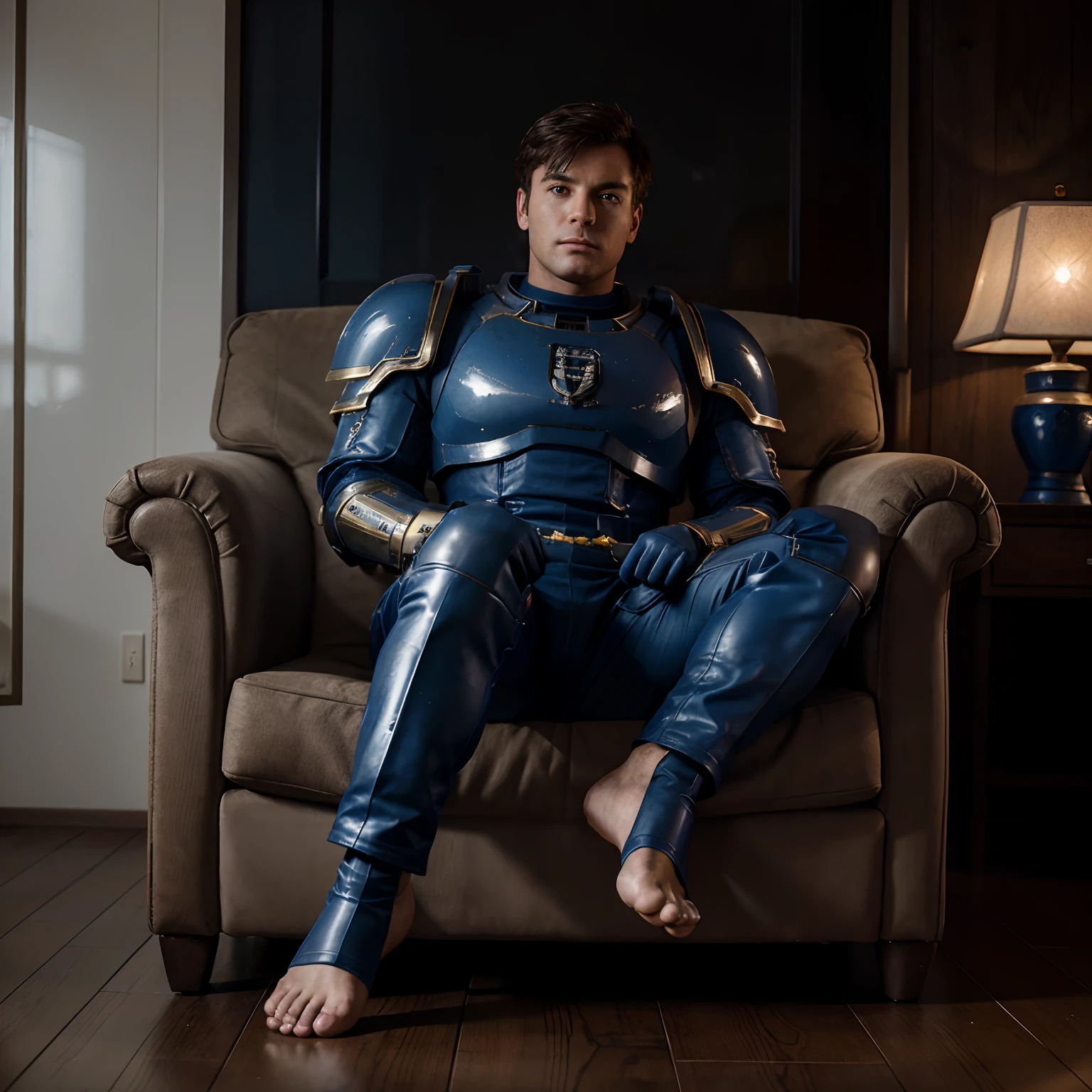 A 3m tall Primaris Warhammer 40000 SpaceMarine in energy armor poses in an armchair and exposes his bare feet against the backdrop of a spaceship interior