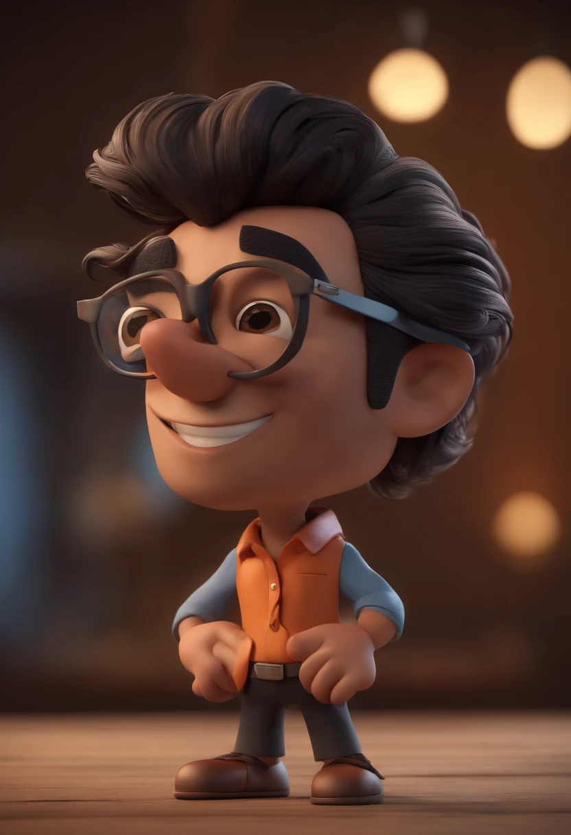 Cartoon character of a man with black glasses, cabelo cacheado marrom escuro e uma camisa azul, animation character, Caractere estilizado, animation style rendering, 3D estilizado, Arnold Maya render, 3 d render stylized, toon render keyshot, Personagem 3D, Personagem 3D, 3d rendering stylized, 3 d character render, personagem de desenho animado, Personagem de close up, Pose de personagem,  (Estilo Pixar) (master part:1.2) (Bokeh) (best quality) (pele detalhada) (textura detalhada) (8k) (argila) (Cinematic lighting) (foco nítido