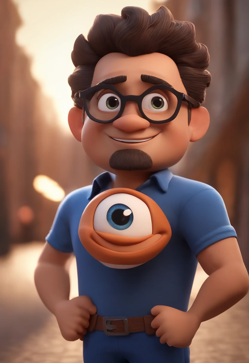 Cartoon character of a man with black glasses, cabelo cacheado marrom escuro e uma camisa azul, animation character, Caractere estilizado, animation style rendering, 3D estilizado, Arnold Maya render, 3 d render stylized, toon render keyshot, Personagem 3D, Personagem 3D, 3d rendering stylized, 3 d character render, personagem de desenho animado, Personagem de close up, Pose de personagem,  (Estilo Pixar) (master part:1.2) (Bokeh) (best quality) (pele detalhada) (textura detalhada) (8k) (argila) (Cinematic lighting) (foco nítido