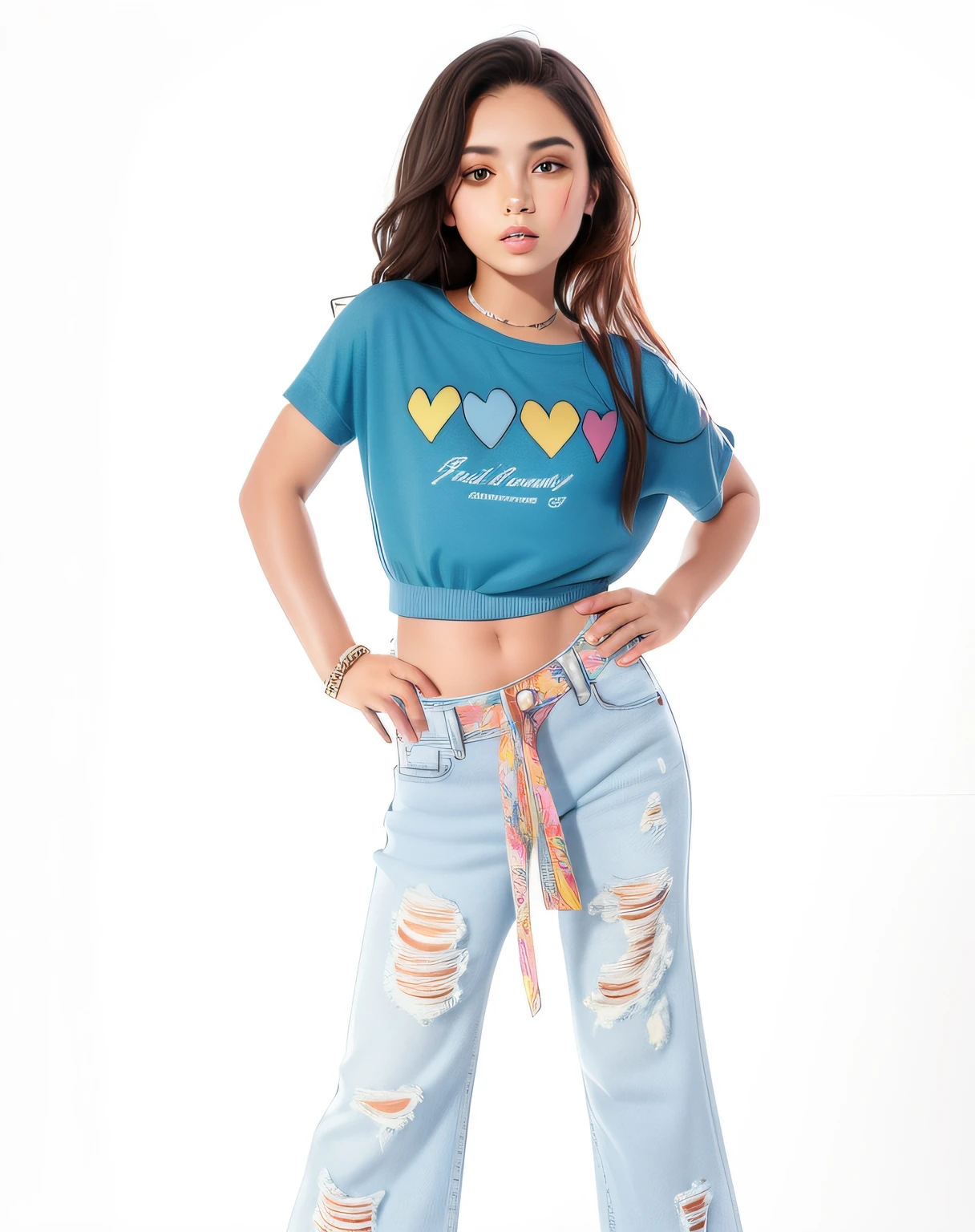 Araffe menina em uma camisa azul e jeans posando para uma foto, Topo de colheita, tinyest midriff ever, kawaii shirt and jeans, Isabela Moner, foto do produto, ( ( ( wearing jeans ) ) ), baggy jeans, lindo modelo jovem, foto oficial do produto, physical : tinyest midriff ever, Foto completa do produto