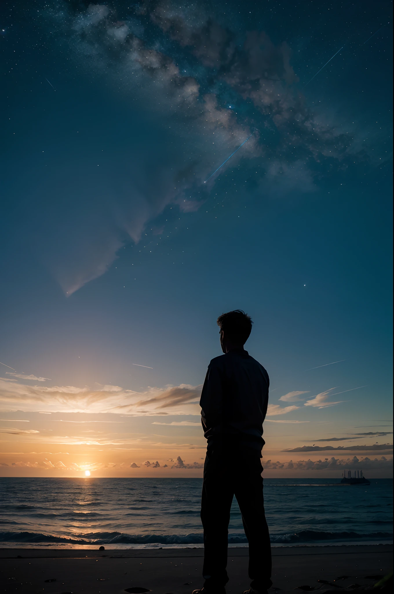,silhouette,1boy, star (sky), cloud, seascape, sea, outdoors, skyscraper, , night, night sky, sunset, skyline,realistic