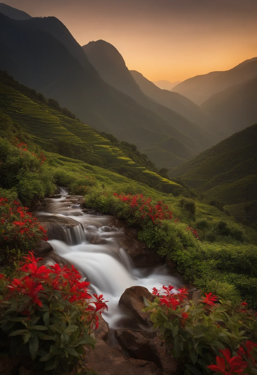 "paisagem pitoresca，Ao lado, there is a laurel wreath accompanied by a steaming cup of coffee and a relaxing cup of tea in the majestic mountains of Yunnan."