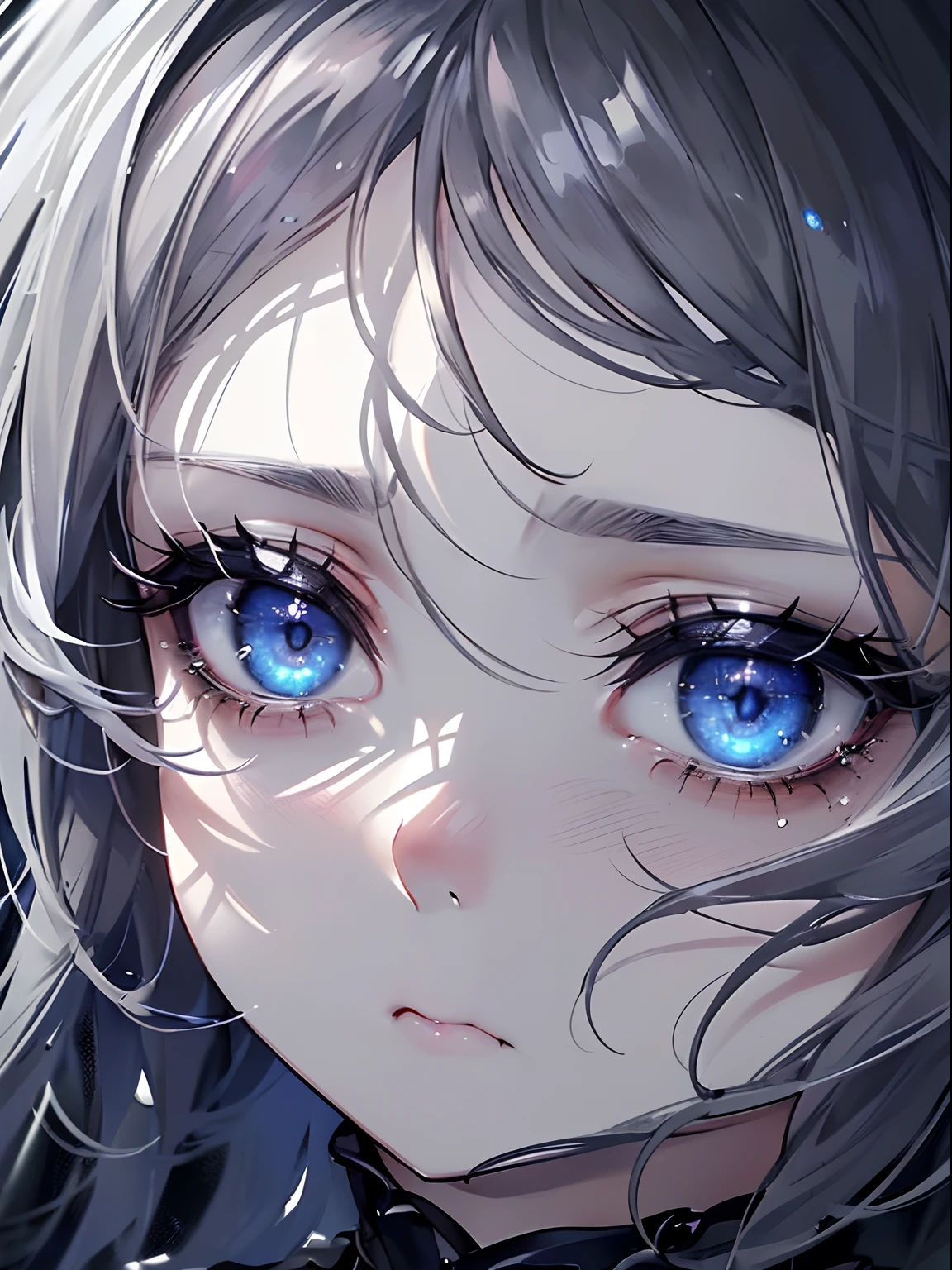 (masterpiece,best quality,ultra-detailed),1girl,beautiful and detailed face, detailed eyes,looking at viewer,((grey theme),((depression, sadness, melancholy)),tired expression,sad,swollen eyelids,((very close up)),criying,gothic makeup,a dark cave in the background
