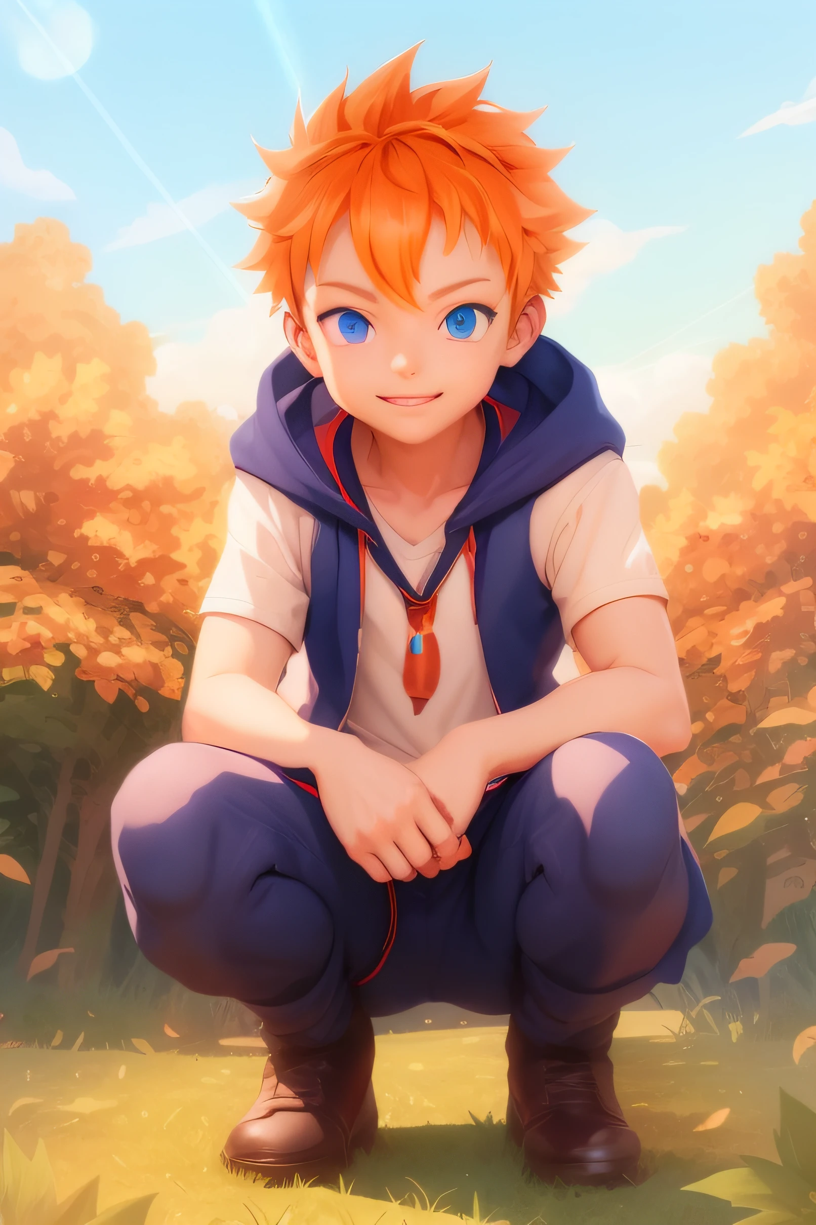 anime boy kneeling in the grass with his hands on his knees, anime boy, key anime art, tall anime guy with blue eyes, anime lush john 8k woods, young anime man, anime wallaper, orange - haired anime boy, handsome anime pose, official art, key anime visuals, high quality anime artstyle, made with anime painter studio