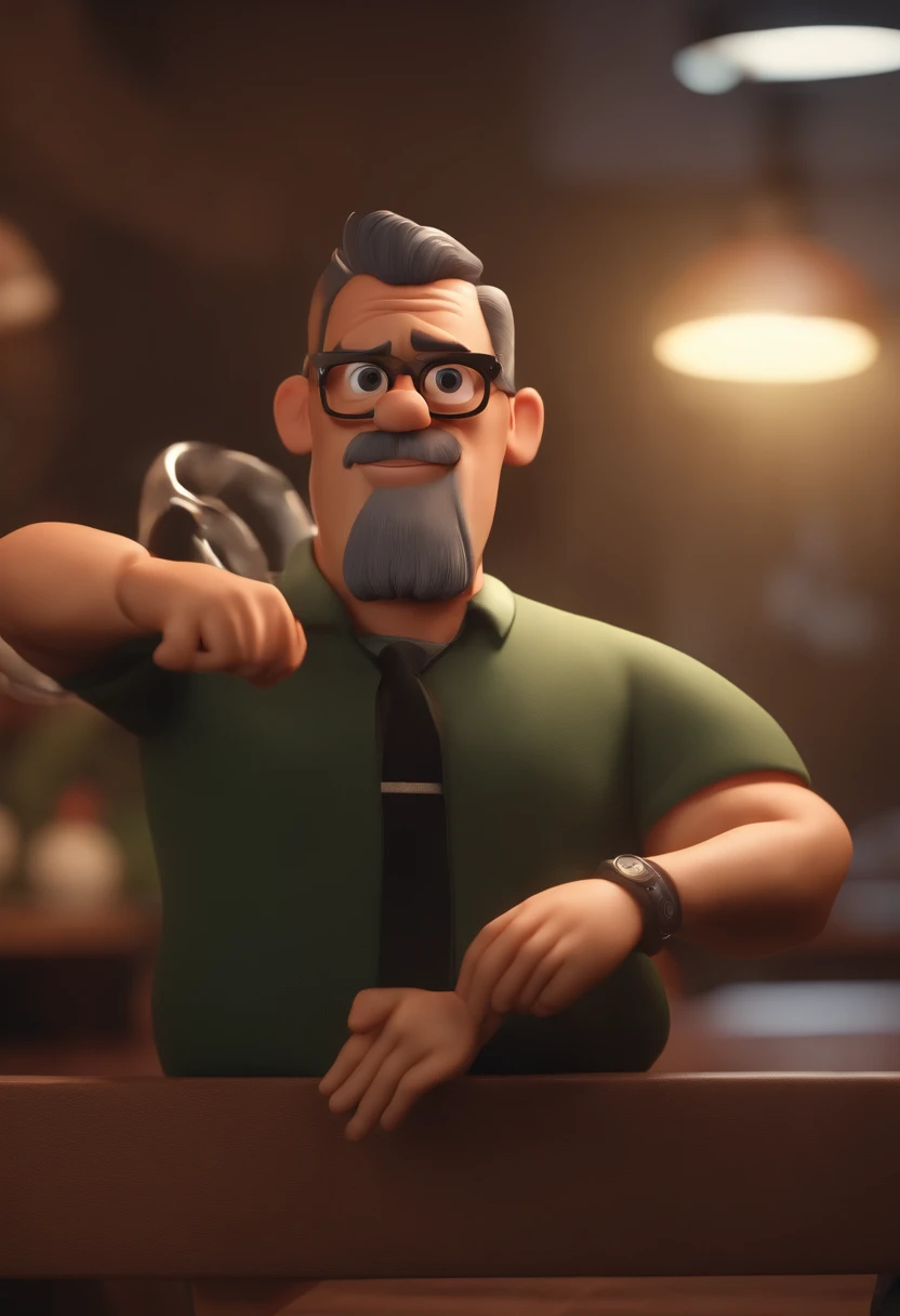 Cartoon character of a man with black glasses and a black polo shirt, cabelo liso, With beard and old school tattoo on his arm, animation character, Caractere estilizado, animation style rendering, 3D estilizado, Arnold Maya render, 3 d render stylized, toon render keyshot, Personagem 3D, Personagem 3D, 3d rendering stylized, 3 d character render, personagem de desenho animado, Personagem de close up, Pose de personagem,  (Estilo Pixar) (master part:1.2) (Bokeh) (best quality) (pele detalhada) (textura detalhada) (8k) (argila) (Cinematic lighting) (foco nítido