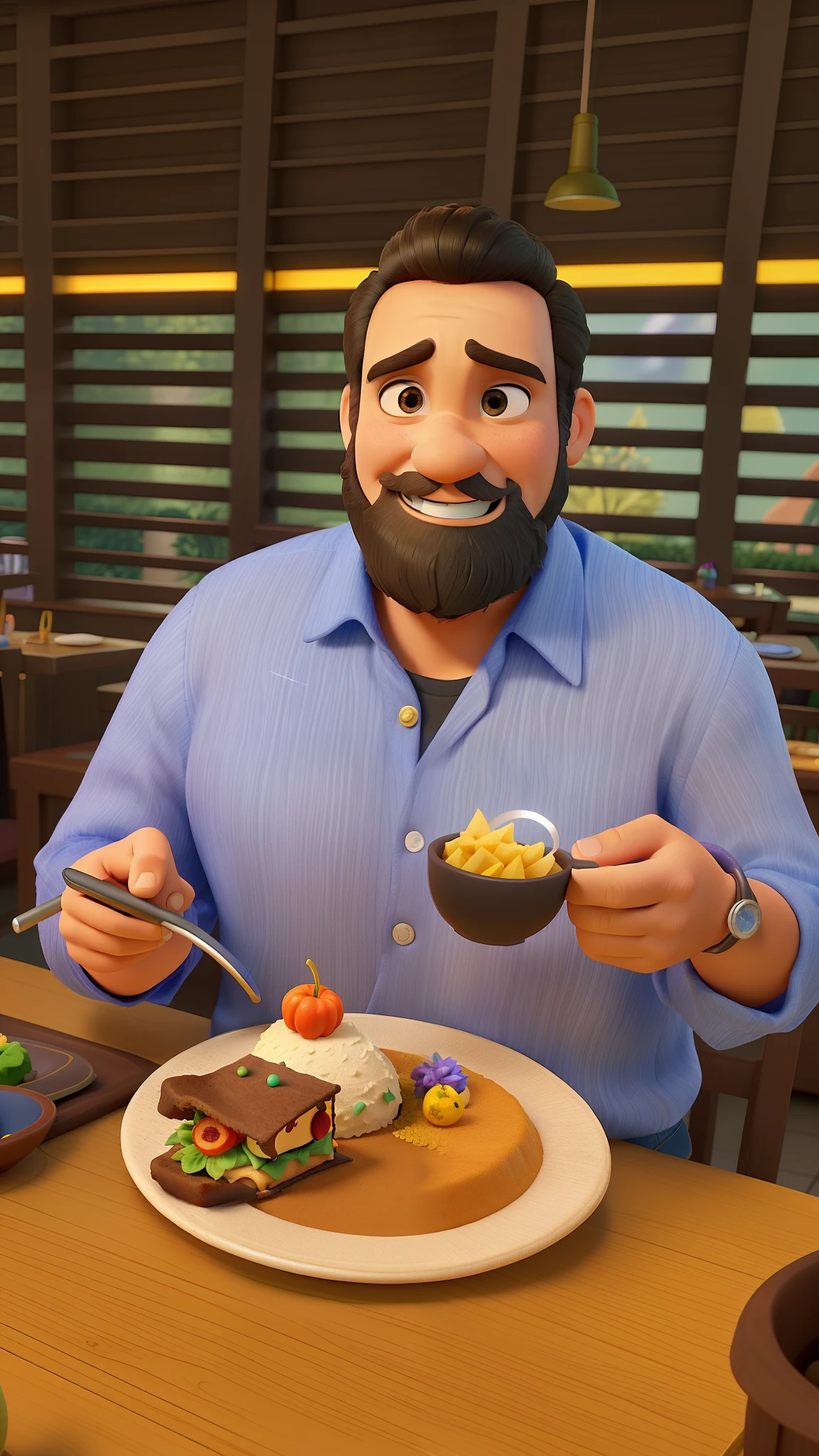 (alta qualidade:1.2,master part:1.2),Pixar,estilo disney,Personagens coloridos,Homem 45 anos,feliz,comendo um bolo,um restaurante,Creative lighting,Efeito bokeh,rostos expressivos,Detailed costume descriptions,cores vibrantes,atmosfera travessa,capturas de cenas perfeitamente compostas,magical ambiance,poses espetaculares de personagens,Energetic background music