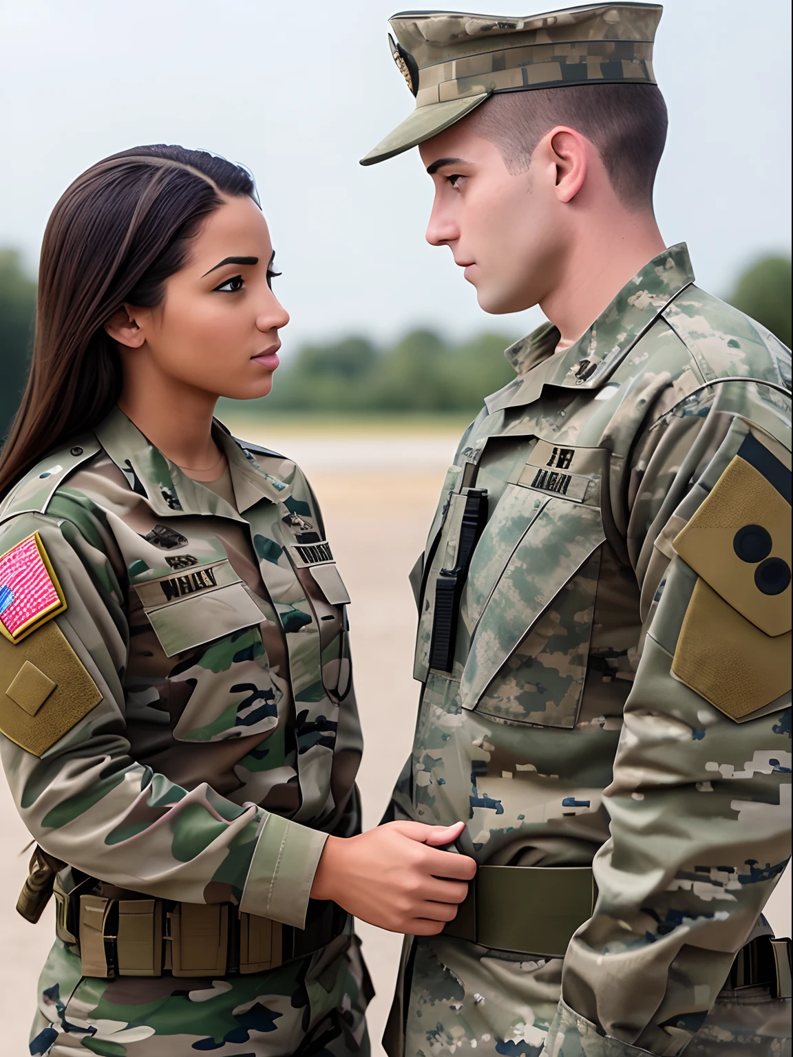 A female in the military looking at a male in the military
