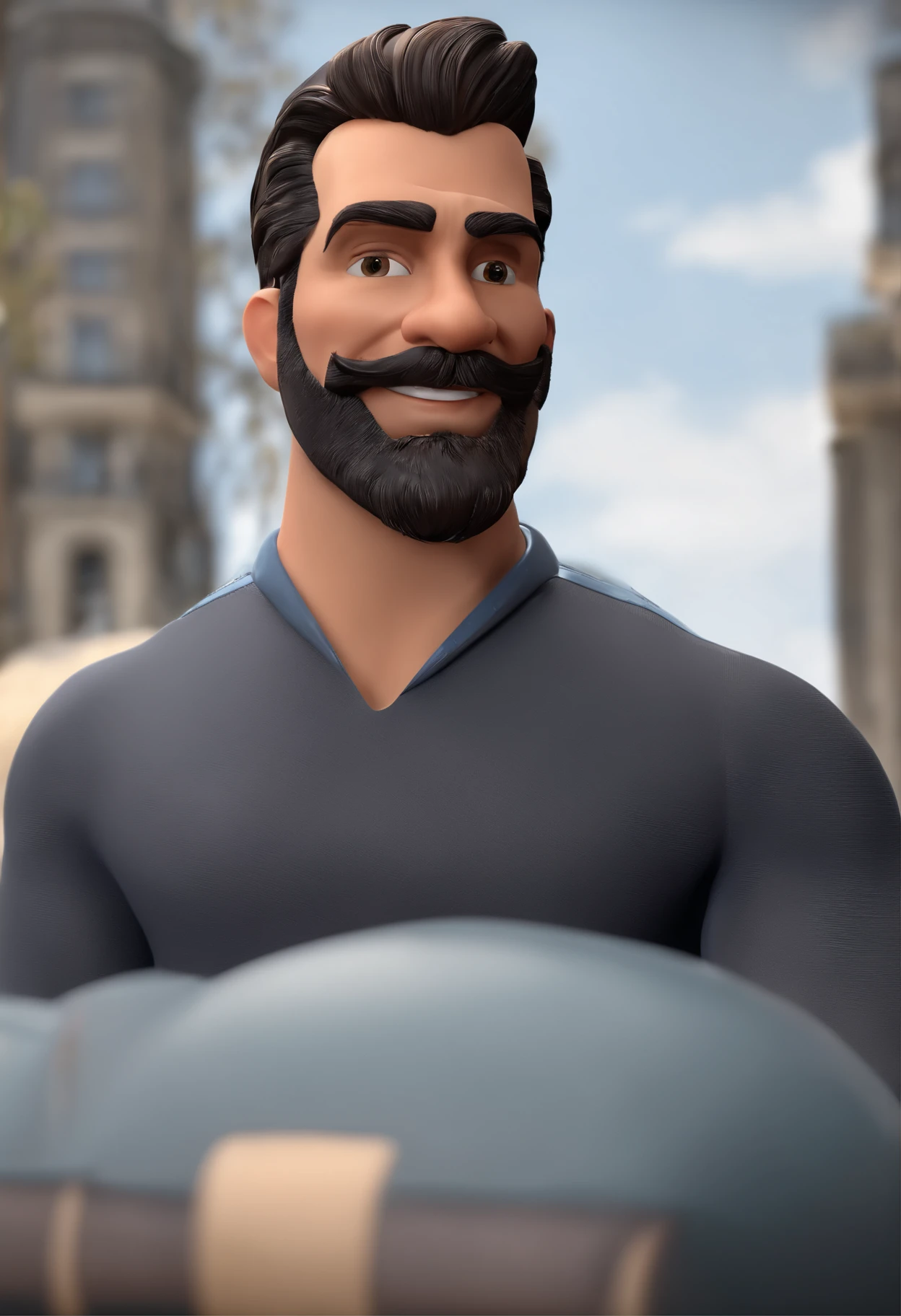 Personagem de desenho animado de um homem usando cabelos pretos e uma camisa preta, um personagem animado com barba, Caractere estilizado, animation style rendering, 3D estilizado, Arnold Maya render, 3 d render stylized, toon render keyshot, Personagem 3D, Personagem 3D, 3d rendering stylized, 3 d character render, personagem de desenho animado, Personagem de close up, Pose de personagem, (Estilo Pixar) (master part:1.2) (Bokeh) (best quality) (pele detalhada) (textura detalhada) (8k) (argila) (Cinematic lighting) (foco nítido,Senta e vaza a parte superior do corpo