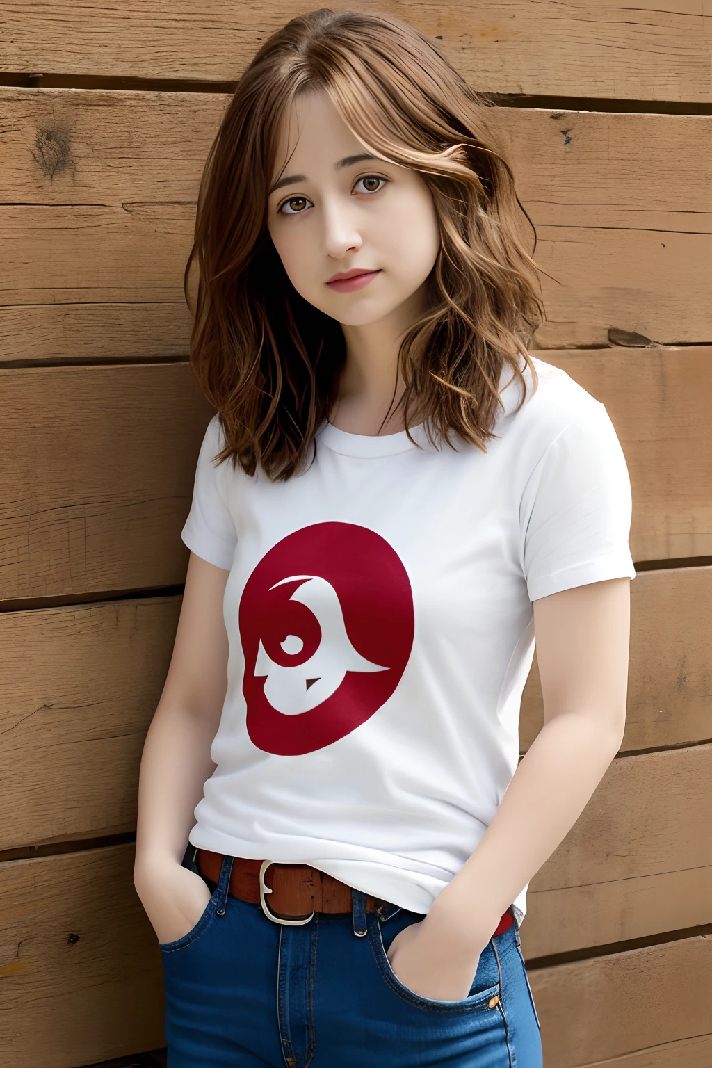 pelo largo muy flaco , ,japanese Allison Mack , labios rojos , mujeres , brown hair   , feliz , Borrosa, piel suave, , ojos expresivos , barriga , Camiseta AT,  Pantalones Jens , pared