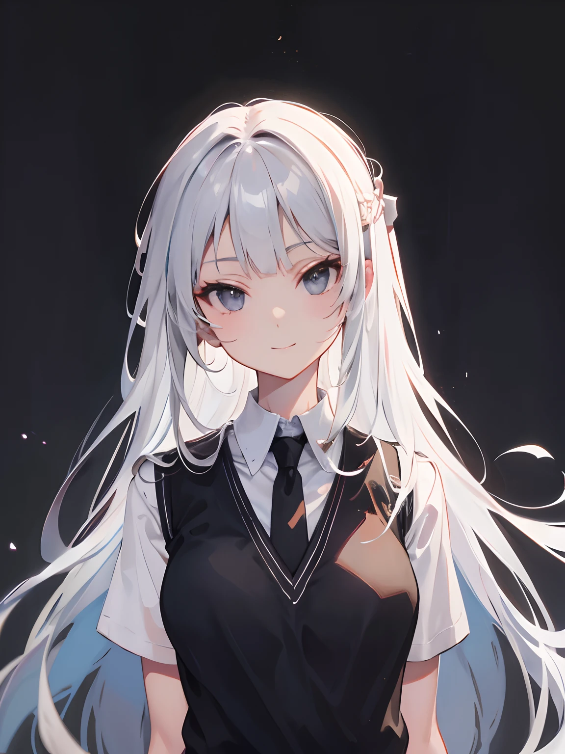 (Masterpiece:1.2), Best Quality, high resolucion, 1Remaining, Solo, Medium lengthhair, Long shirts, White hair, A gentle smile, school uniformss, Black eyes, White shirt, upper half body, exteriors, Tie, Collared Shirts, Black tie, sweater vest, Dynamic motion