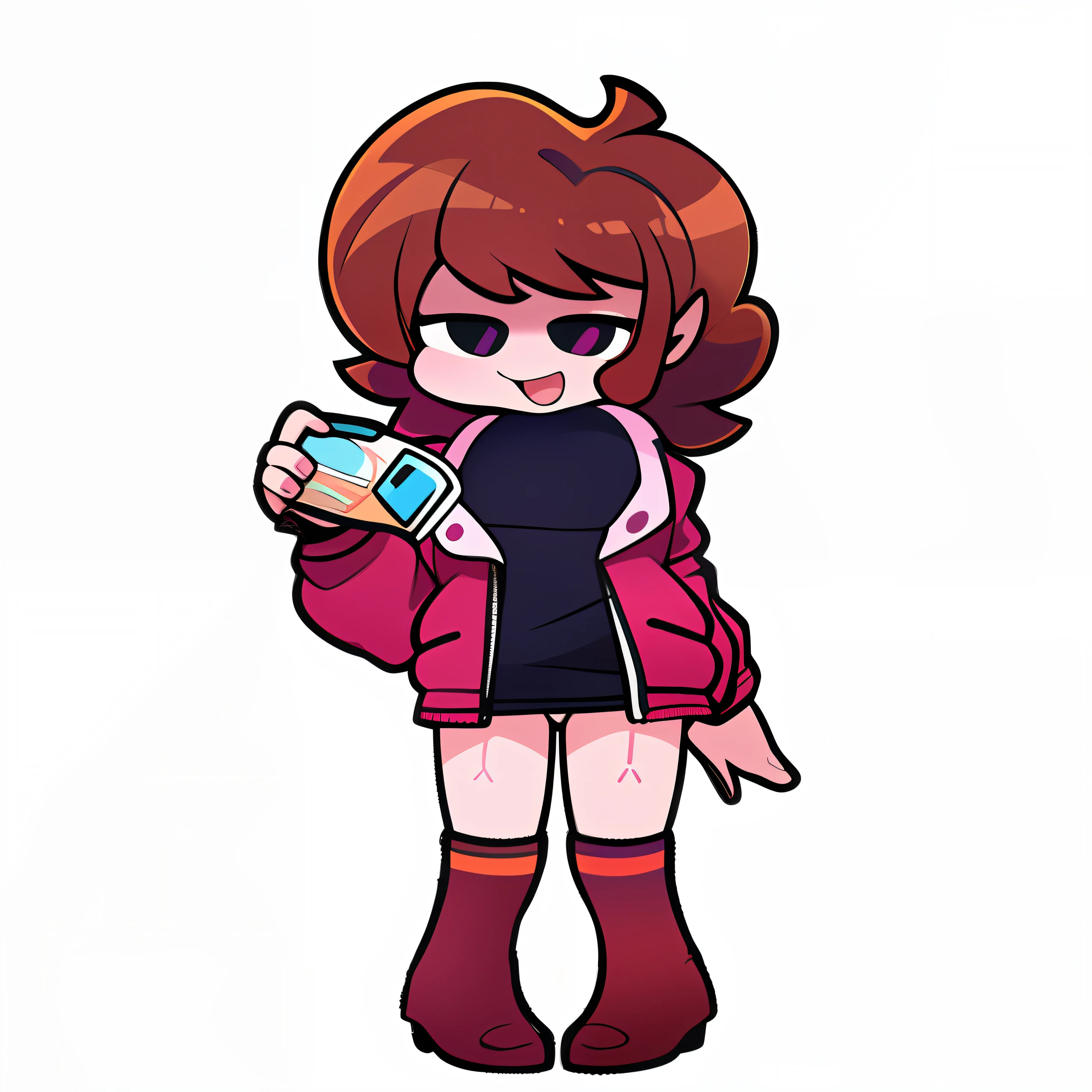 Menina dos desenhos animados com cabelo vermelho segurando um telefone celular e vestindo uma jaqueta rosa, soda themed girl, protagonista feminina 👀 :8, retrato de corpo inteiro de um curto!, Yume Nikki, protagonista feminina, advanced digital chibi art, Madeline, Celeste, no estilo de arte do anime 8 0 s, corpo inteiro!, segurando molho quente, Chibi