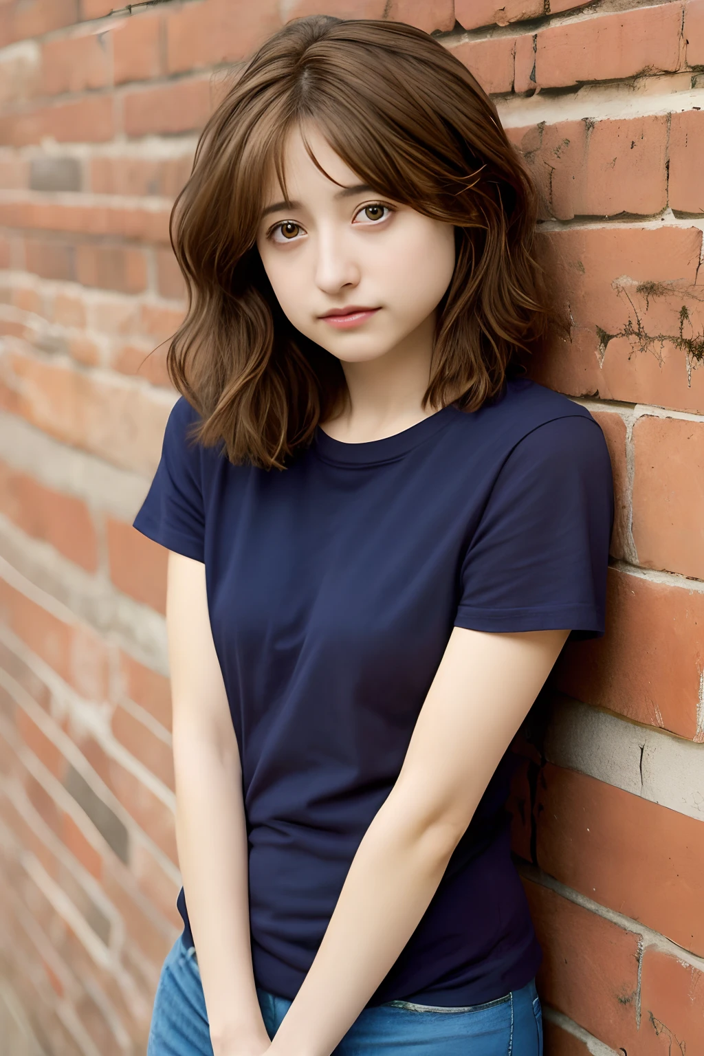 pelo largo muy flaco , ,japanese Allison Mack , labios rojos , mujeres , brown hair , feliz , Borrosa, piel suave, , ojos expresivos , barriga , Camiseta AT, Pantalones Jens , pared