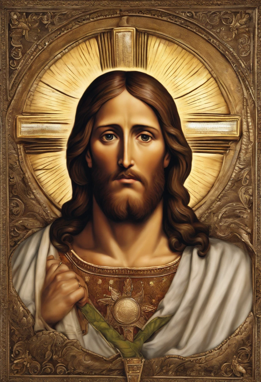 a painting of jesus christ, with a beautiful face with beard,((1man)), ((sculptural body, strong, shapely and muscular legs)), ((the son of God)), various positions, full body, Frank Kelly Freas, Karol Bak style, best quality,32k ultra quality, parade paper quality, movie image, Classic 8K