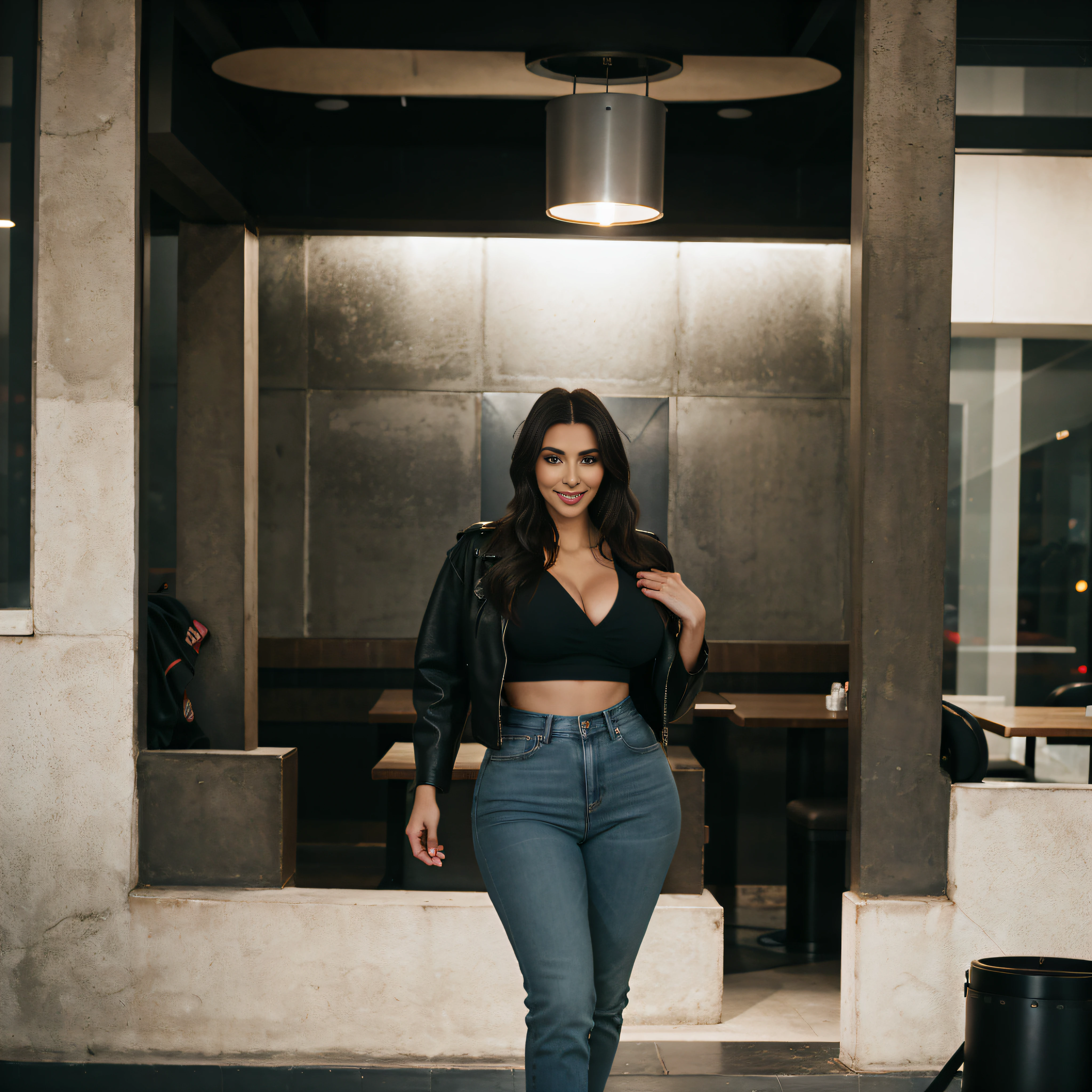 Photo of kim kardashian, friday night out with friends in restaurant, long hair, jeans and leather jacket, full body, hyper detailed, large breasts, perfect hands, detailed hands, looking at viewer, smiling, perfect teeth, thick thighs, wide hips, muscular arms, large bulging veins on body, warm atmosphere, photograph, photoshoot, Captured by Panavision Panaflex Platinum Camera with Panavision Primo Primes Spherical Lens 50mm T1.9