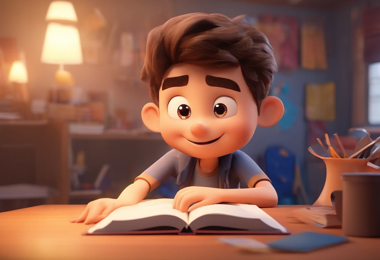 An illustration of a boy, holding a book cada um com um sorriso no rosto, e  um momento especial caracterizado pelo amor, Insights. Illustrate this scene from a perspective where they are facing the camera, Desenvolva esta arte em Full HD, Focus on your cinematic touch, Estilo Disney Pixar Animations