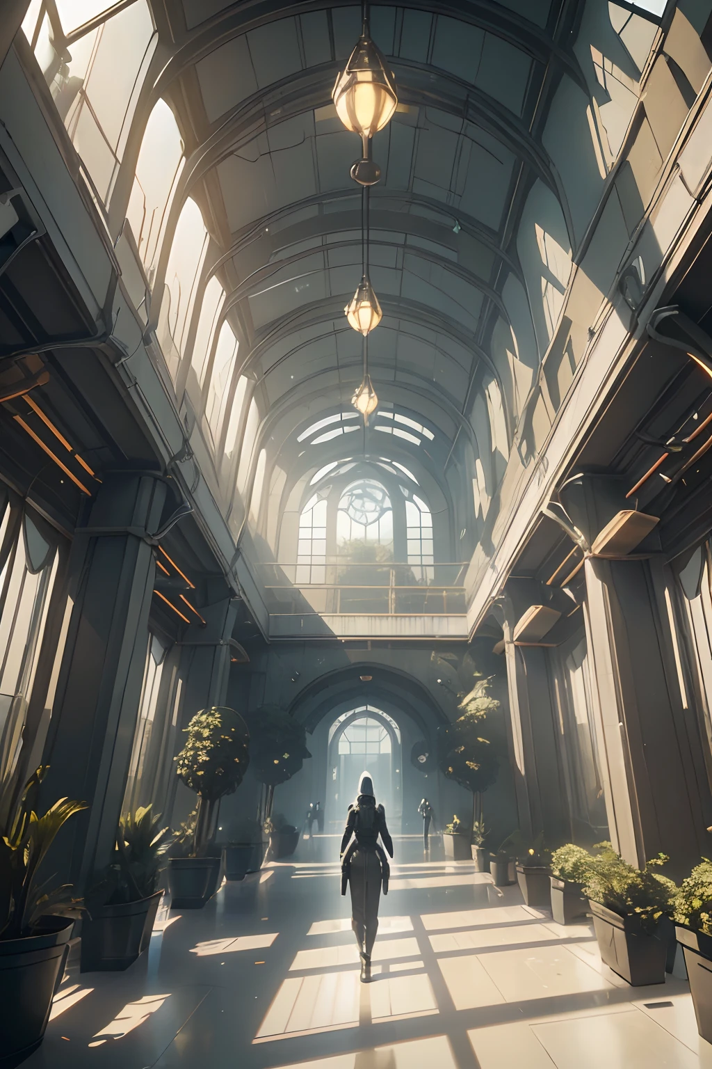 (Greenhouse),(Urbanized interior),(High, gigantic ceiling, high greenhouse),(Cybernetic data center),(Data control center, long corridor, polished stone floor, very high glass ceiling, lets in daylight), (Along arched walls - semicircular niches, cybernetic gothic), (server equipment in the side niches, cabinets with electronics, wires curling to the floor), (along the corridor there is exotic - alien vegetation (fern type - tropical species), vegetation is located along the walls, in massive cubic pots, Art Nouveau style). High under the ceiling are computer spheres, an artificial organism connected by many wires to server cabinets in the walls. The building is filled with a large number of plants, the greenhouse-data center is in the style of cyberpunk, ancient Gothic, and looks very modern. White and black plastic, aluminum, polished artificial stone, 3D architectural printing. The walls are decorated with complex geometric patterns. White and black with gold predominate in the main color range. The general stage is in twilight. The central part of the corridor is well-lit from above by a greenhouse glass ceiling. The shiny surface of the floor reflects surrounding objects. Lots of light bulbs - electronics. (Cyberpunk, futurism), (Ghost in the Shell style, Japanese anime.
Interior lighting, neutral-white light - warm shadows, matrix geometry, and secret symbolism decorate the floor. The high Gothic forms of the walls - the atmosphere of the future, an alien highly developed civilization, in the side naves there are electronic holograms. Warm bright - contrasting light, light clear shadows, clear image of details, texture, decor (high image quality), (Clear high-quality render), (unreal engine), SD quality, 8K. Stylization Animation, RiotGames, Lucas Arts, Japanese cyberpunk anime, Blade Runner. Sh.R. Giger "Alien".