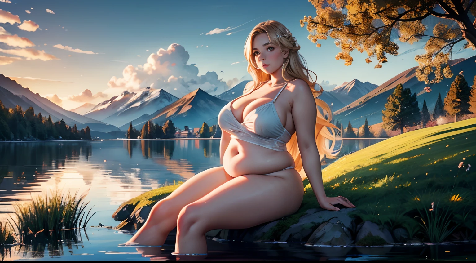 Rule_of_thirds, 1 girl, SFW, extremely obese, (obese belly):1.8, (obese legs):1.5, fat rolls, SSBBW Adeline body, Serene expression, mesmerizing eyes, gorgeous supermodel face, straight long blonde hair, flowing dress, poised posture, porcelain skin, subtle blush, crystal pendant
BREAK
golden hour, (rim lighting):1.2, warm tones, sun flare, soft shadows, vibrant colors, painterly effect, dreamy atmosphere
BREAK
scenic lake, distant mountains, willow tree, calm water, reflection, sunlit clouds, peaceful ambiance, idyllic sunset, ultra detailed, official art, unity 8k wallpaper
, zentangle, mandala