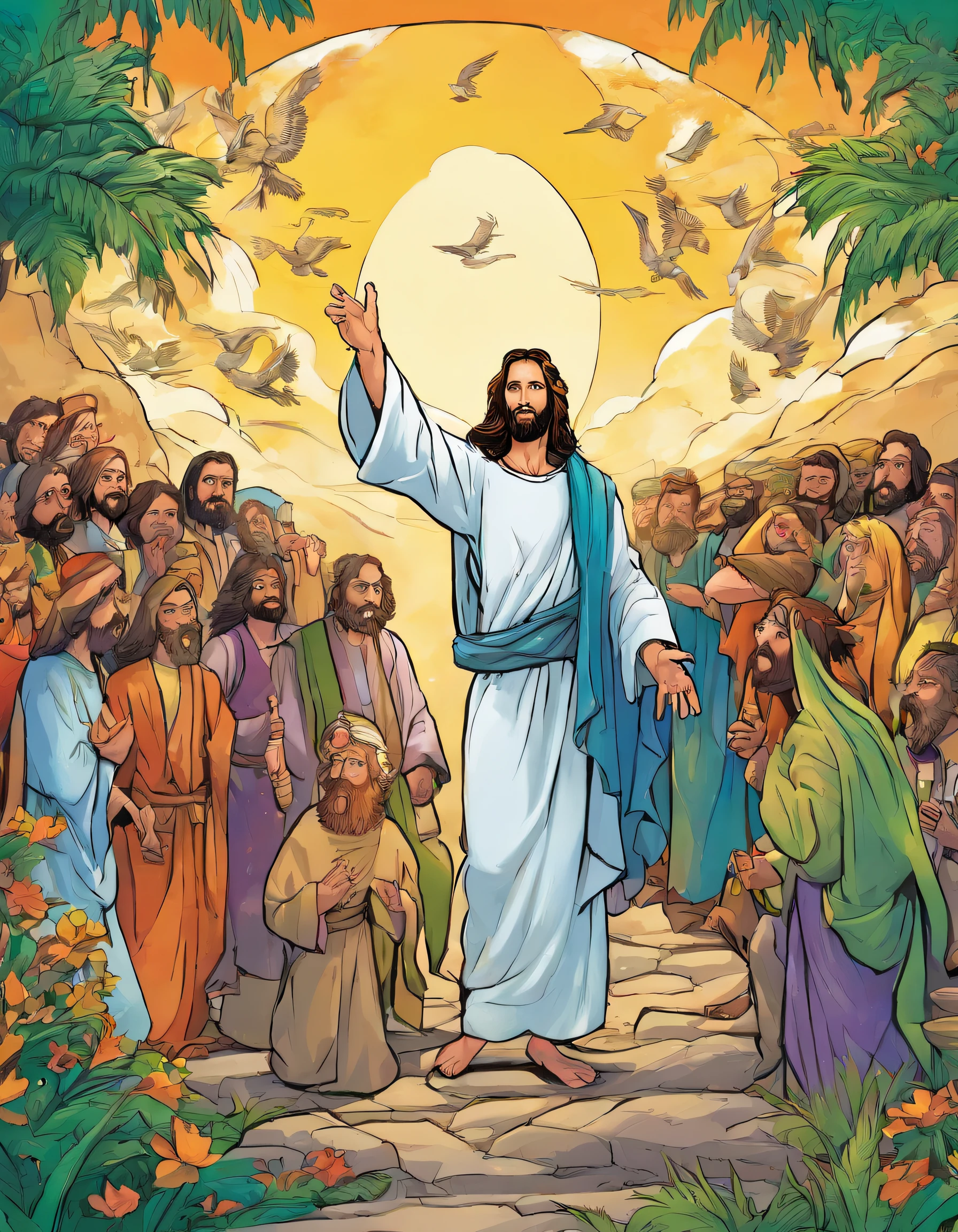 ((Jesus Christ and the happy apostles)), based on the bible, beautiful lighting in the background, birds flying, children's illustration, cartoon style, lots of details, bright colors, high definition, 8K, --ar 9:11 --v5