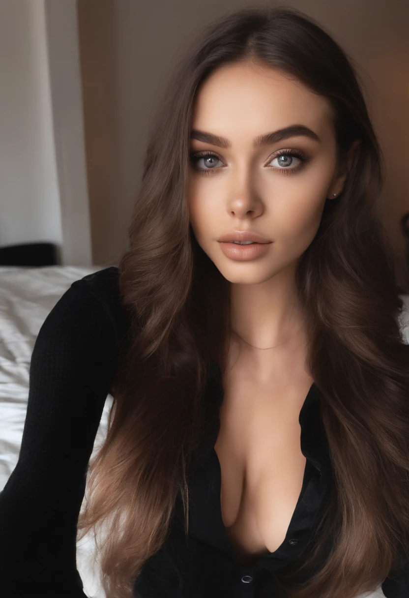 arafed woman with black clothes, sexy girl with brown eyes, portrait sophie mudd, brown hair and large eyes, selfie of a young woman, 25 years old, bedroom eyes, violet myers, without makeup, natural makeup, looking directly at the camera, face with artgram, subtle makeup, stunning full body shot, in bedroom, cleavage