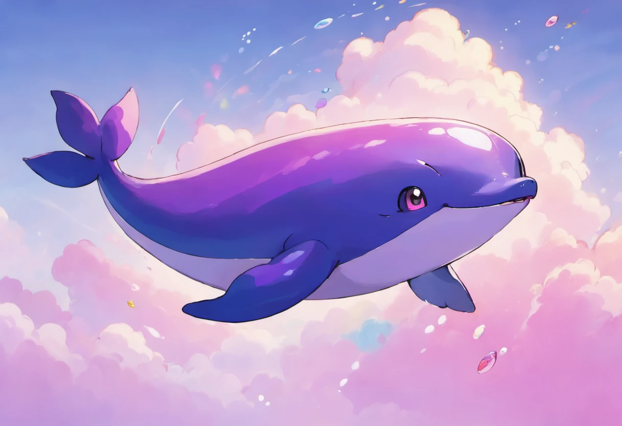 Baby Cloud Whale, deep purple skin with a rainbow gloss, pink and purple clouds for flippers, baleen whale calf