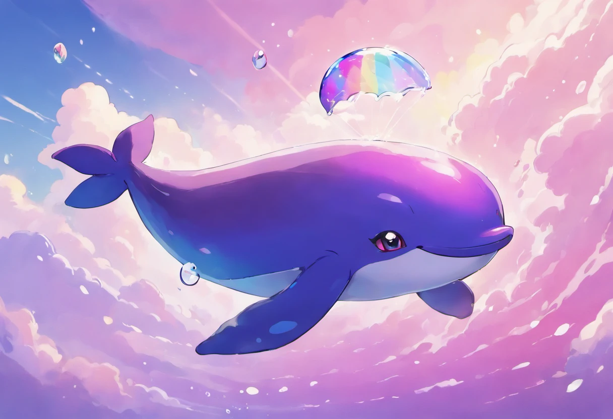 Cloud Whale, deep purple skin with a rainbow gloss, pink and purple clouds for flippers, baleen whale calf