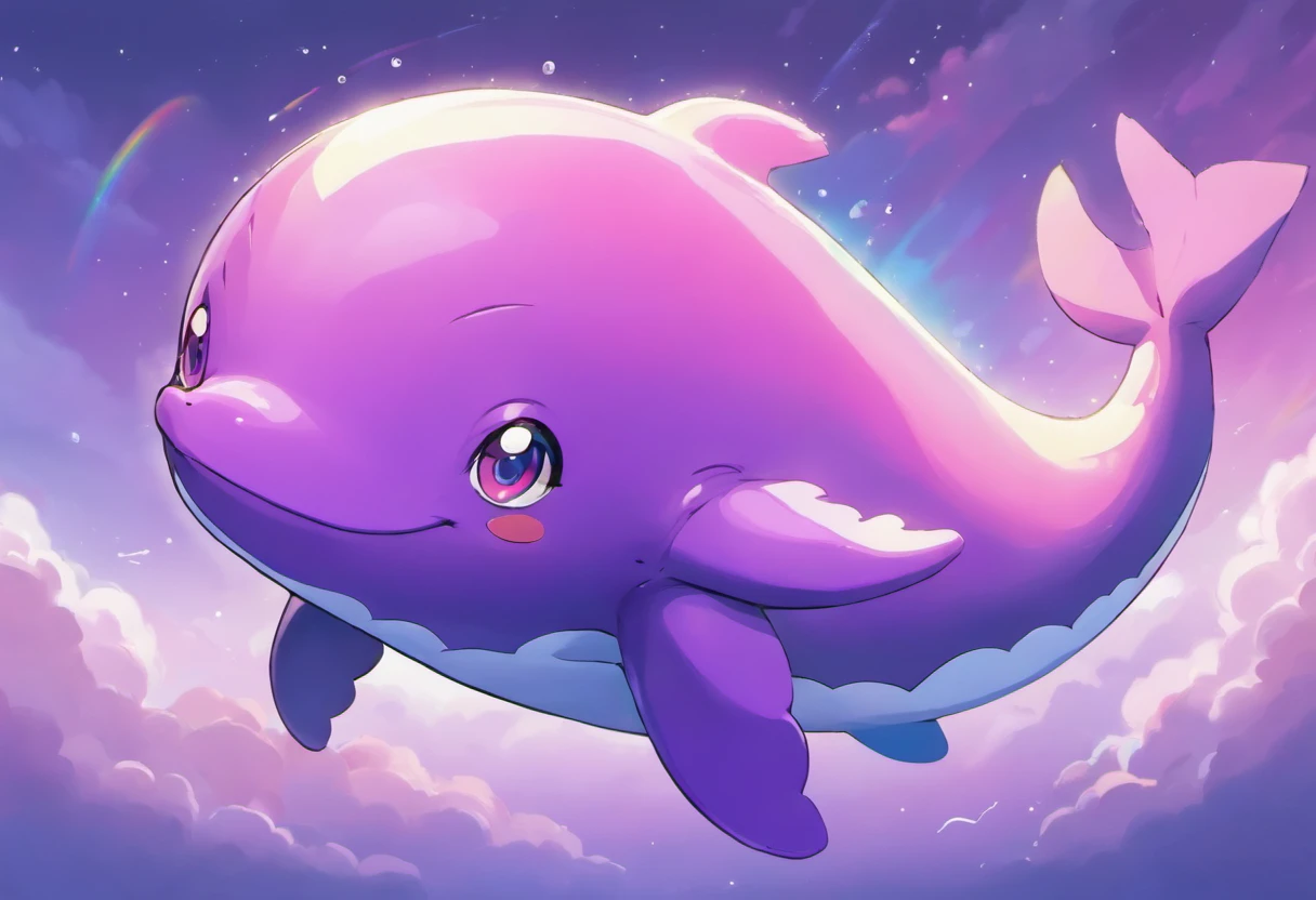 Cloud Whale, deep purple skin with a rainbow gloss, pink and purple clouds for flippers, baleen whale calf