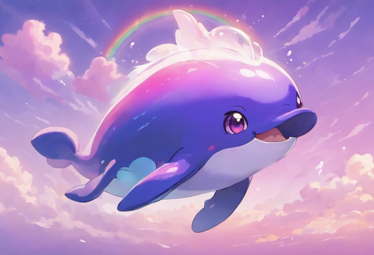 Baby Cloud Whale, deep purple skin with a rainbow gloss, pink and purple clouds for flippers, baleen whale calf