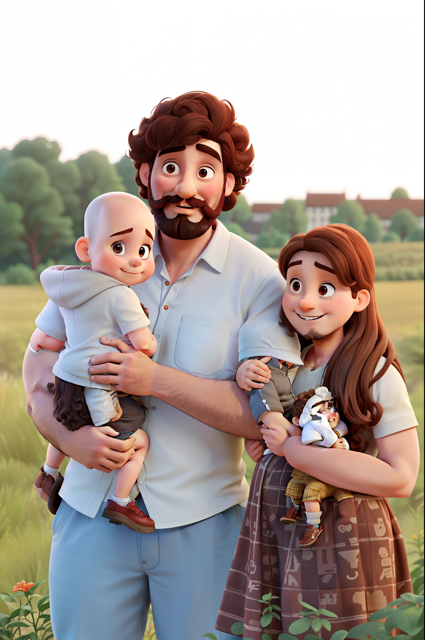 WHITE family, Tall man, dark brown curly hair with beard and mustache, with a small baby on his lap, chubby, smiling and bald, woman next to him at shoulder height, thin, no belly, red head, straight hair, hands on man's arm, normal weight