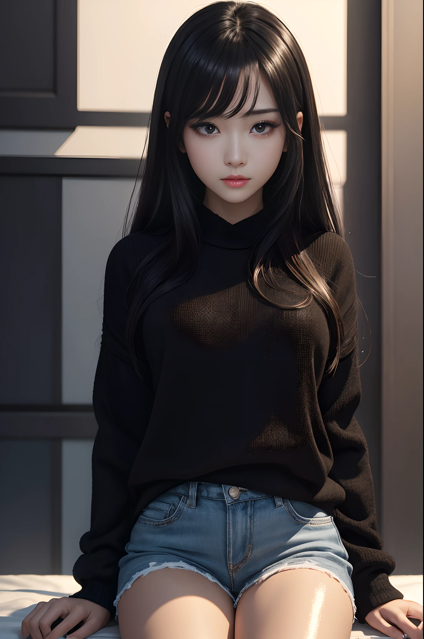 超A high resolution、masterpiece、top-quality、 extra detailed face、A detailed eye、Very complex and、Perfect shiny shiny skin、Perfect litthing、detailed lighting、Dramatic shadows、Ray traching、 1girl、The upper part of the body、Black sweater、looking at the viewers、