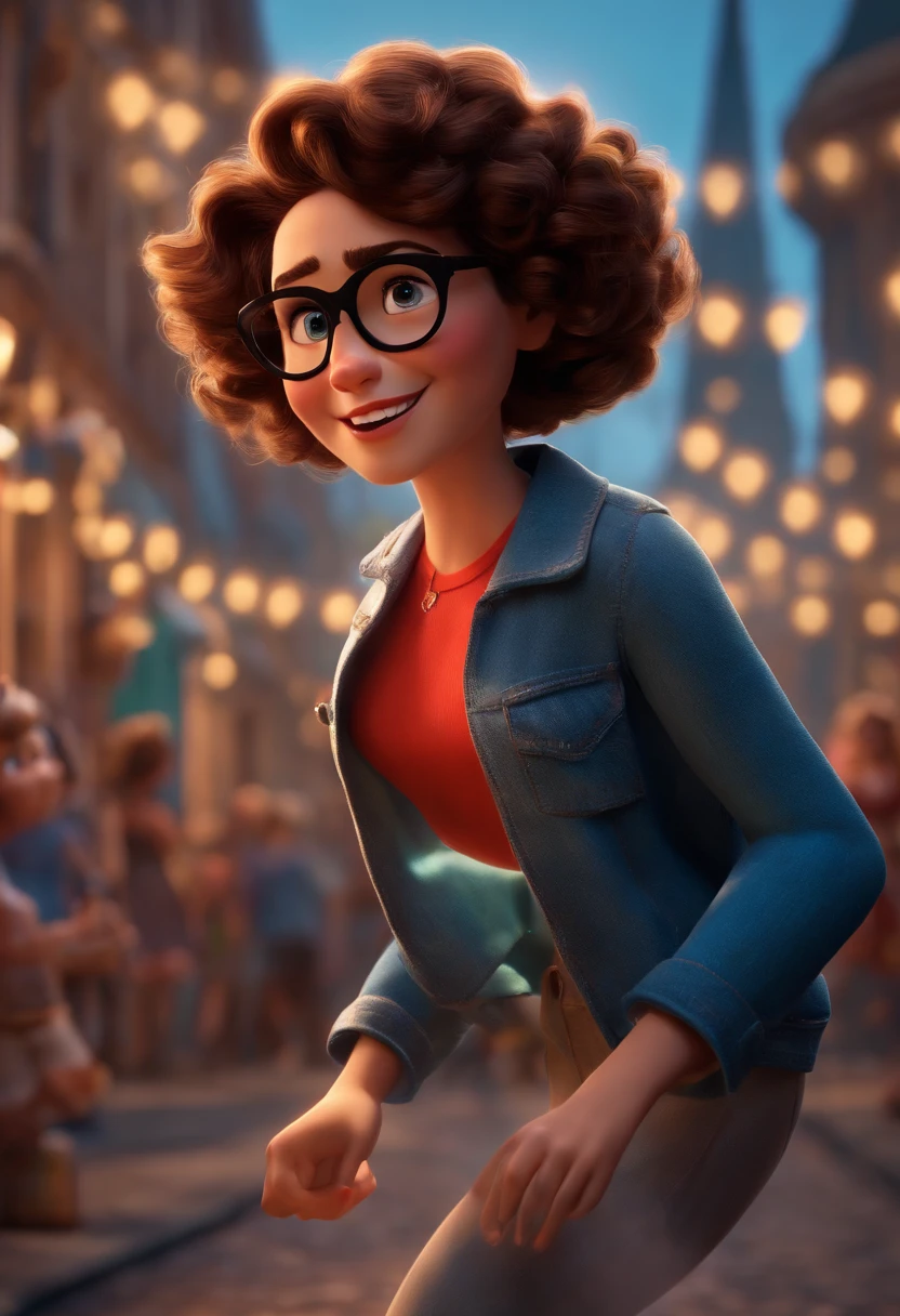 Pixar style image with 3D character white glasses brunette woman short curly hair dancing, Maquiagem Disney,Pescador, bonitinho, sorridente ,Close-up, Pixar, Disney, Cinema lighting,