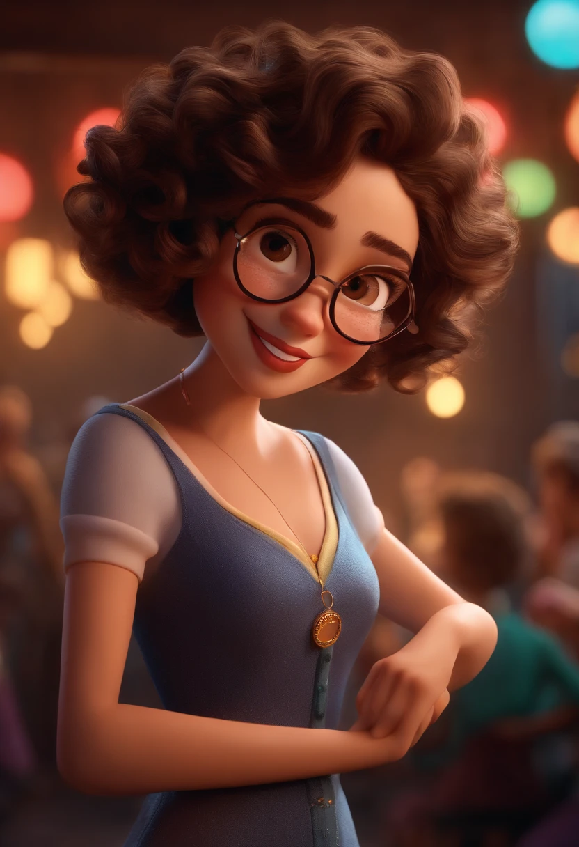 Pixar style image with 3D character white glasses brunette woman short curly hair dancing, Maquiagem Disney,Pescador, bonitinho, sorridente ,Close-up, Pixar, Disney, Cinema lighting,