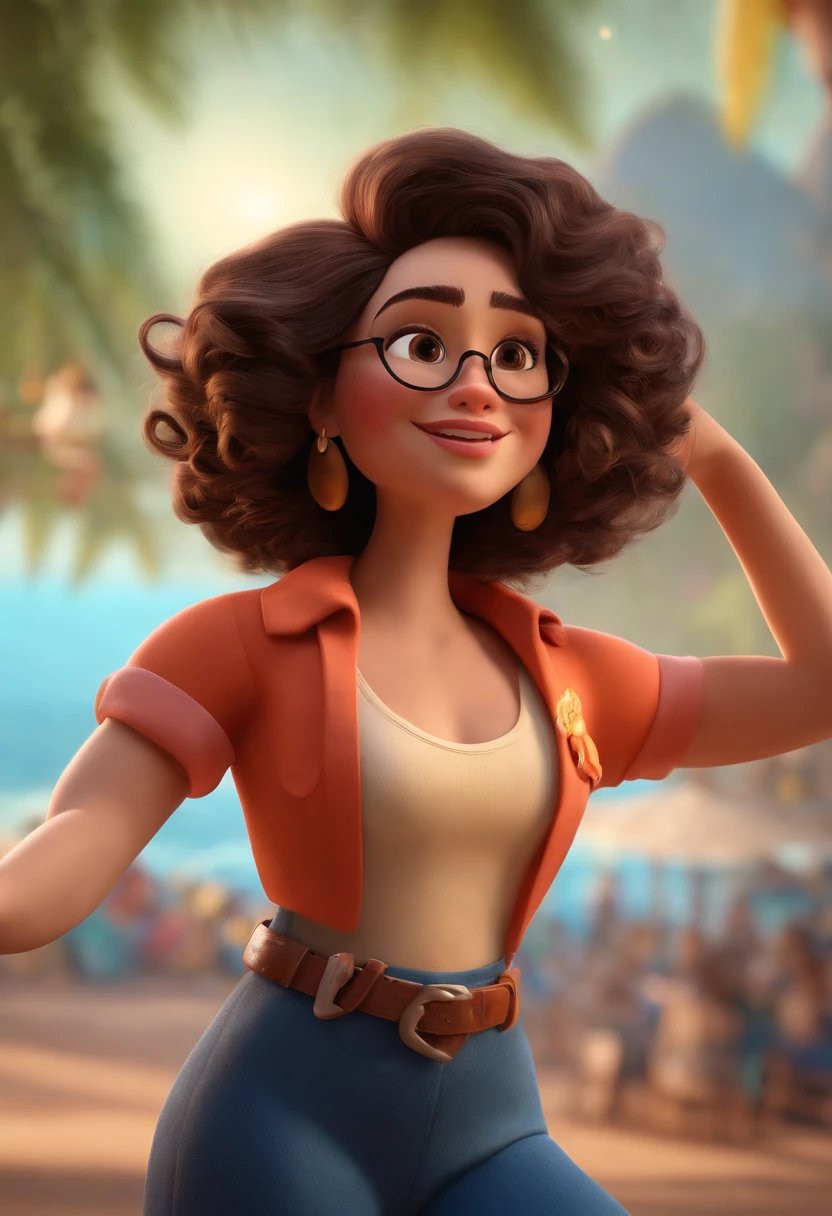 Pixar style image with 3D character white glasses brunette woman short curly hair dancing, Maquiagem Disney,Pescador, bonitinho, sorridente ,Close-up, Pixar, Disney, Cinema lighting,